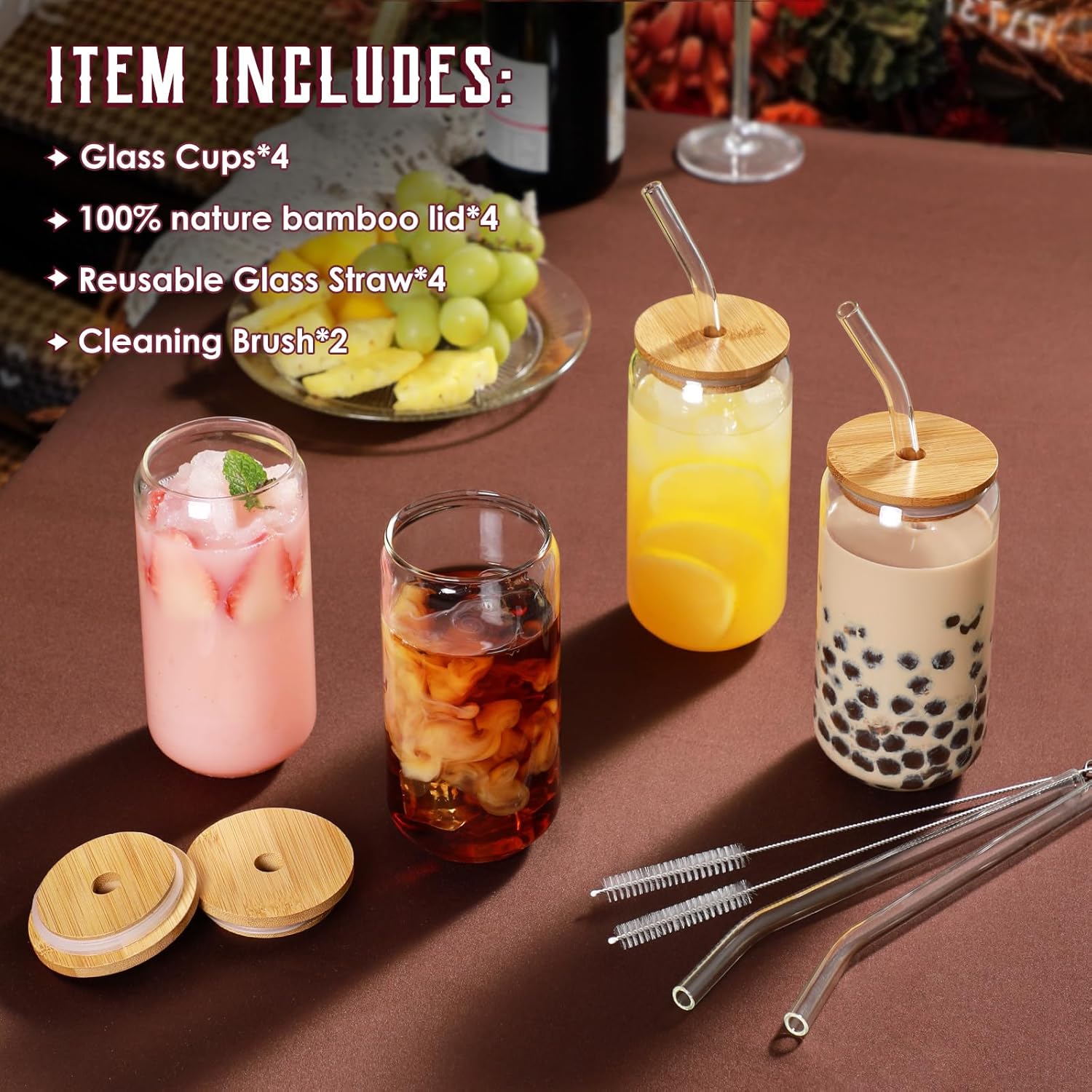 Thumbnail 1 de Drinking Glasses 16 oz with Bamboo Lids 🥛