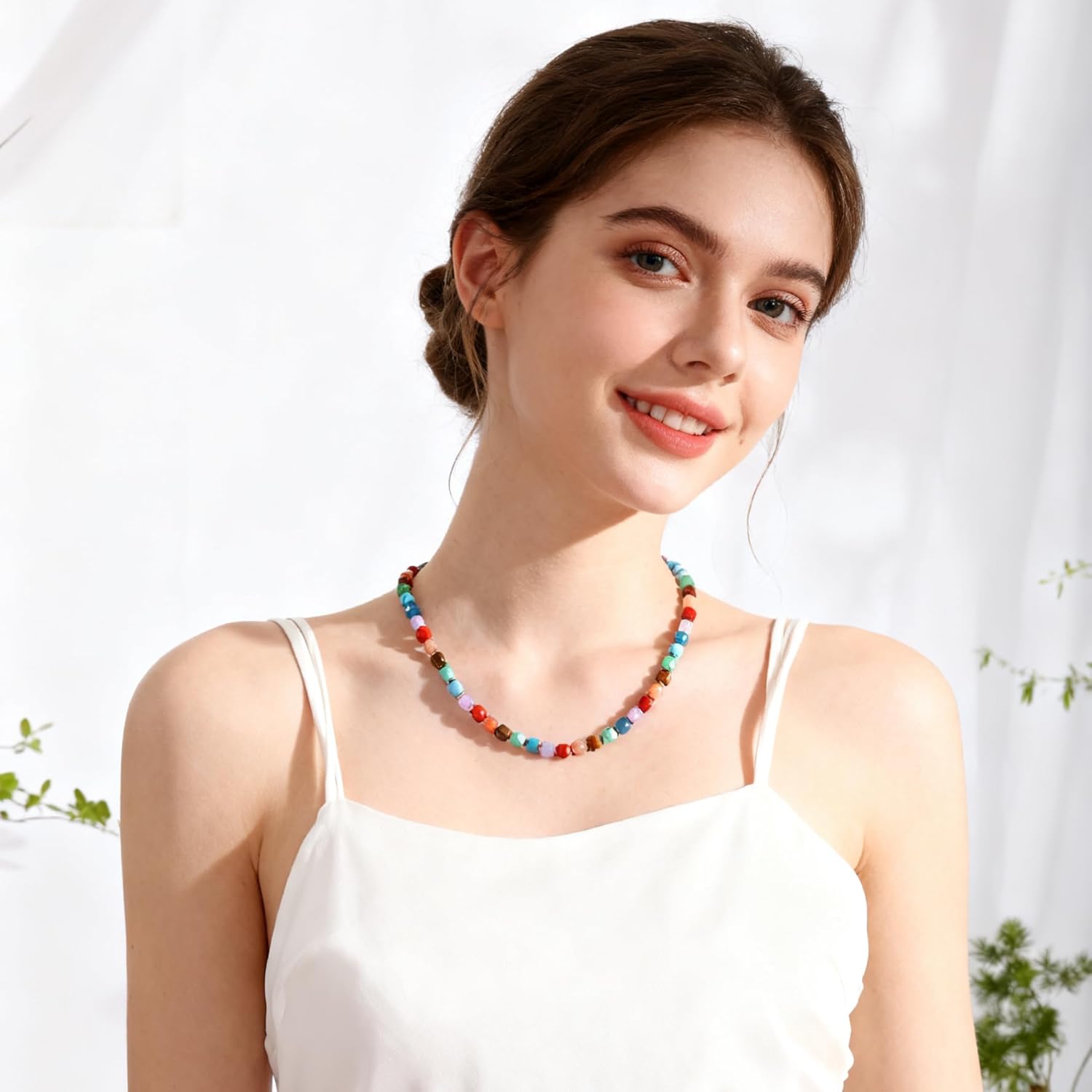 Thumbnail 1 de Bunte Perlenkette für Damen JSDDE – Chakra-Kette mit facettierten Würfelperlen, 5 mm Edelstein-/Heilstein-Anmutung