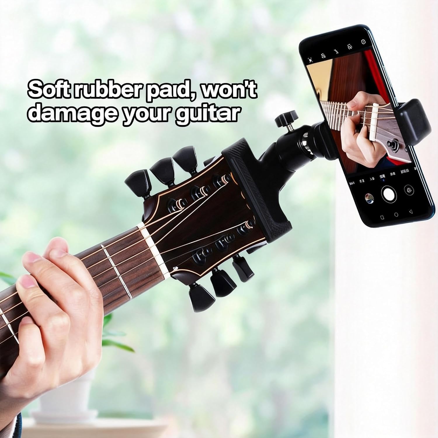 Detalle de BLOBY MI-UK001 Guitar and Bass Headstock Phone Mount, 360° Rotating, Black