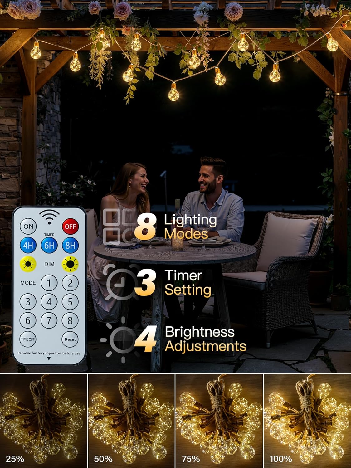 Thumbnail 3 de Ollny Solar Festoon Lights (12m) with Remote, Hemp Rope Effect & 24 Shatterproof Bulbs