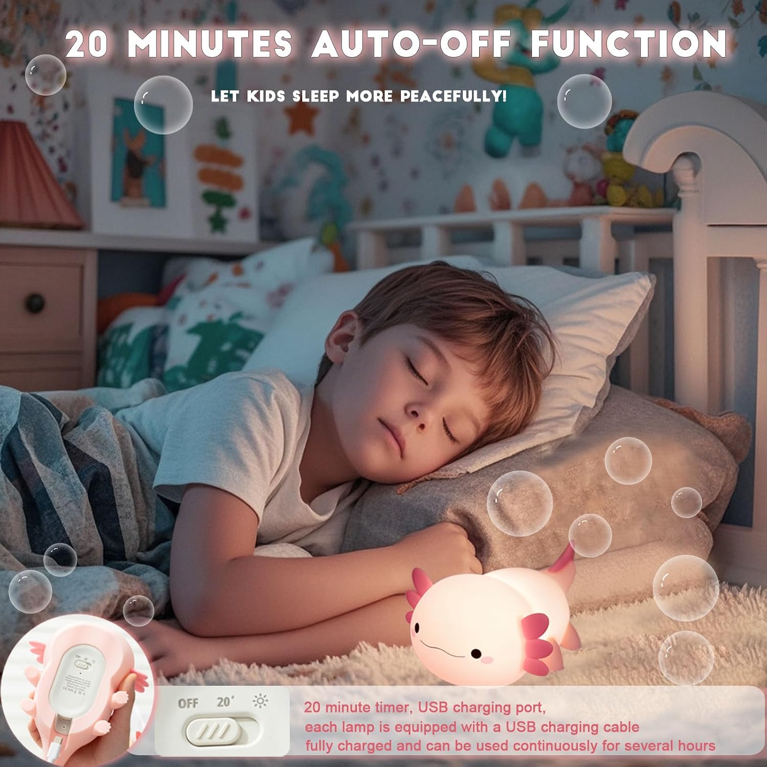 Detalle 2 de HAPPYBAG Axolotl Silicone Night Light, Two Warm Light Settings, Timer