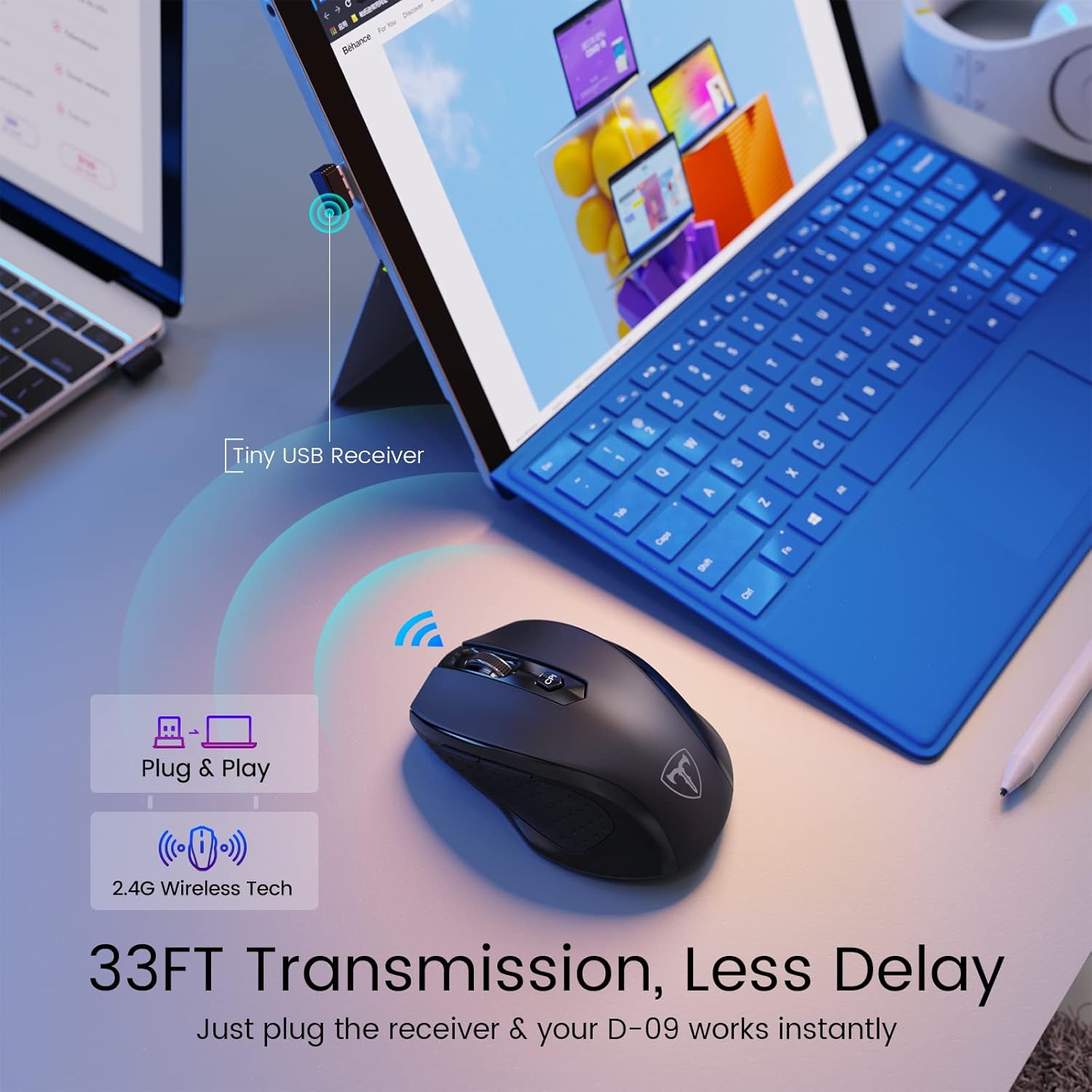 Thumbnail 6 de HOTWEEMS Wireless Mouse D-09 (USB 2.4G) for Laptop, 5-Level 2400 DPI, Ergonomic 30° Design, 16 Months Battery, Black
