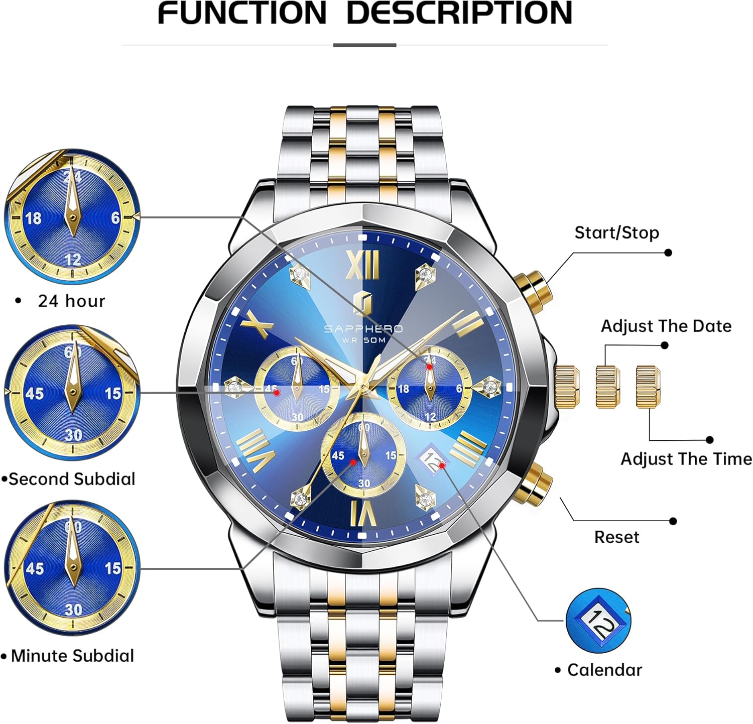 Thumbnail 6 de SAPPHERO Orologio Uomo Cronografo 50M