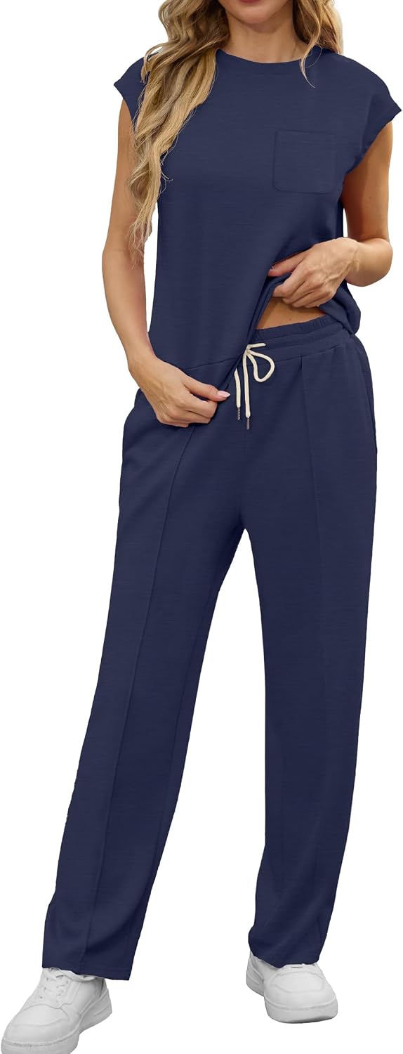 Detalle 2 de GRECERELLE Two Piece Women’s Summer Tracksuit Set – Crew Neck Cap Sleeve Top & Jogging Bottoms with Pockets