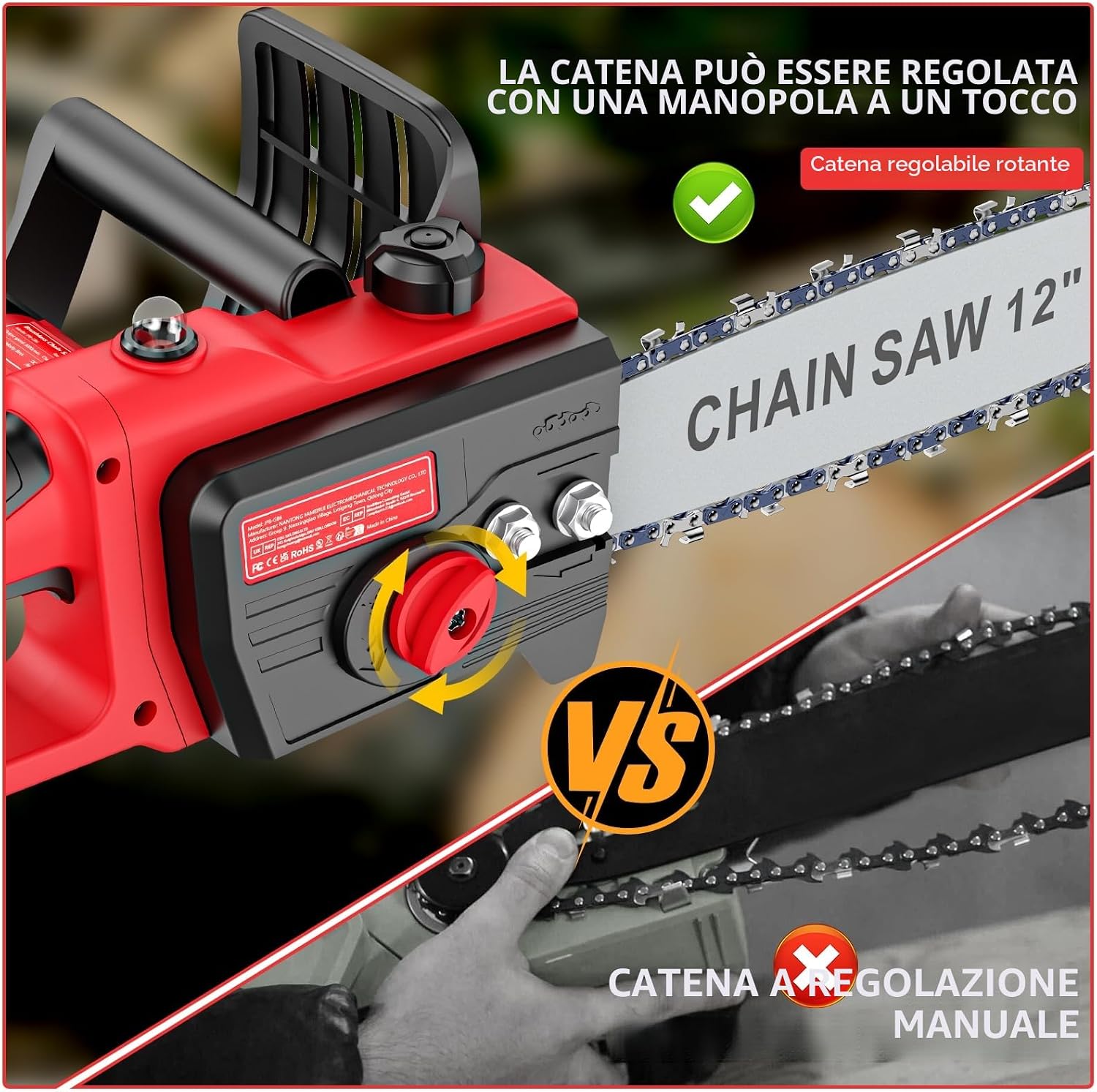 Detalle 2 de Brushless Mini Motosega a Batteria per Potatura 12 Pollici, 1300W con Due Batterie da 3000mAh