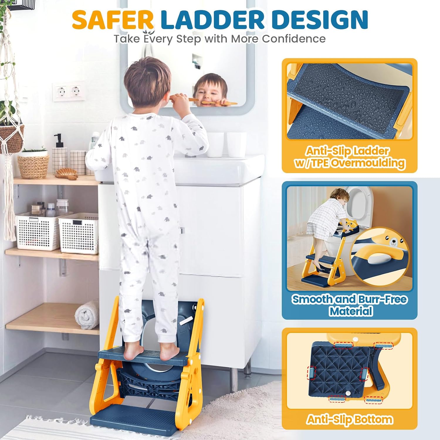 Detalle de Orzbow Toilettensitz für Kinder mit Leiter – stabiler WC-Reduktion mit Treppe, Spritzschutz & rutschfester Oberfläche
