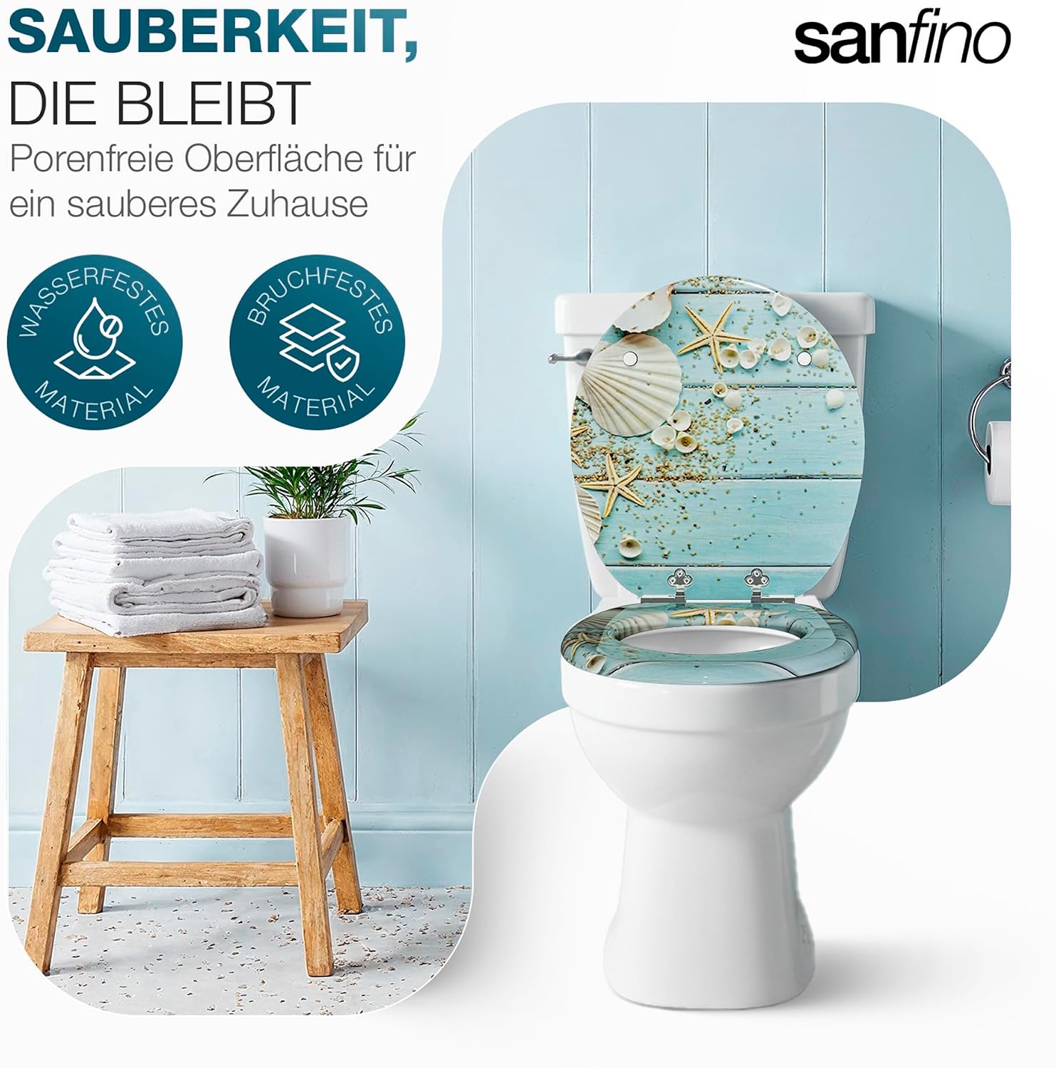 Detalle de SANFINO Premium WC-Sitz mit Absenkautomatik – Holzkern, Caribbean Blue, 43,5 x 37,5 cm
