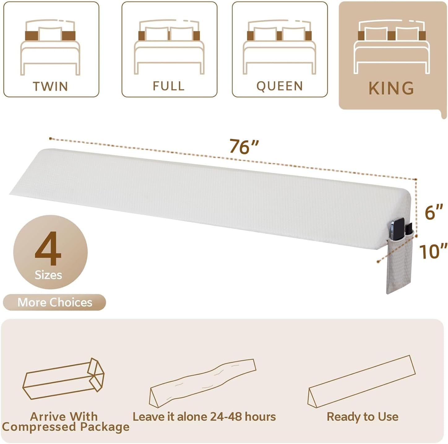Detalle 1 de Bedluxe King Bed Wedge Pillow, High-Density Foam, Side Pockets, 76 x 10 x 6 in