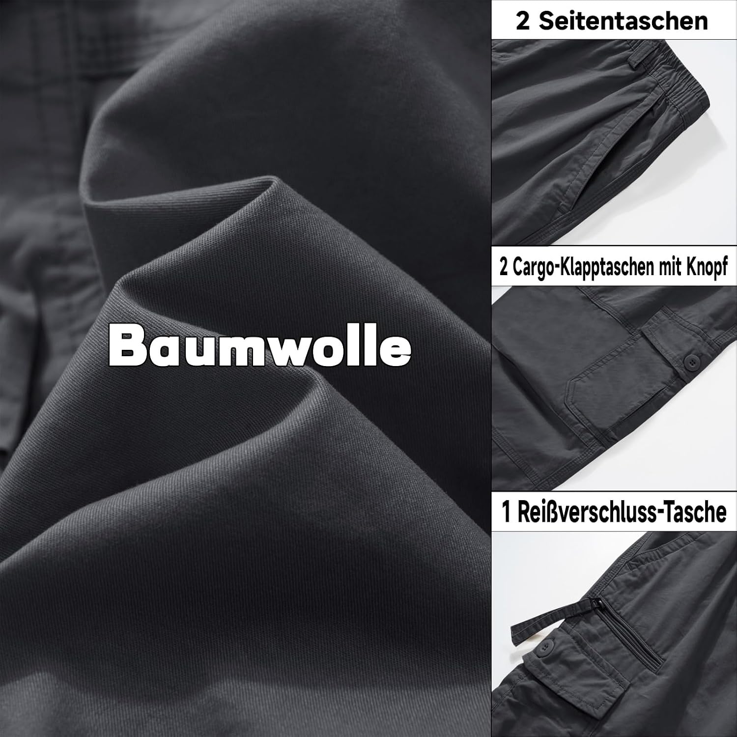 Detalle de KEFITEVD 3/4 Hose Herren Cargo Shorts – lässige Baumwoll-Shorts mit viel Stauraum