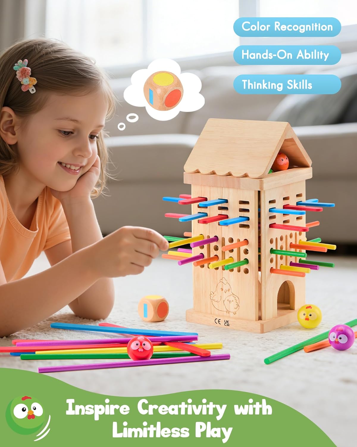 Thumbnail 2 de Montessori wooden board game for ages 3–6: chicken coop stick-removal ball & dice game