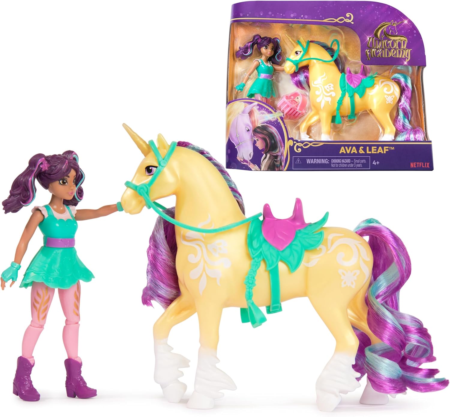 Detalle de Unicorn Academy AVA und Einhorn Leaf Set (ca. 12 cm) – Artikulationspuppe mit 2 Accessoires und Haarbürste, ab 4 Jahren