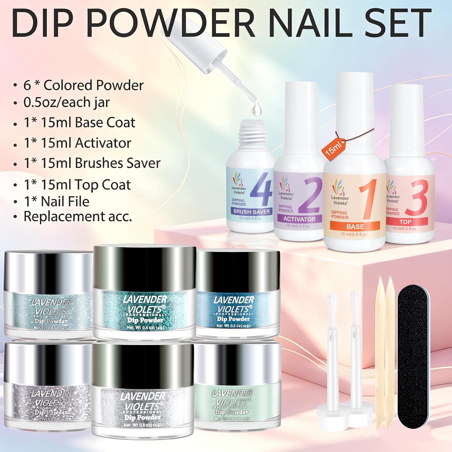 Thumbnail 4 de 15 Pcs Dip Powder Nail Kit Summer Outing Manicur Set – Icy Blue, Mint Green & Silver Glitter