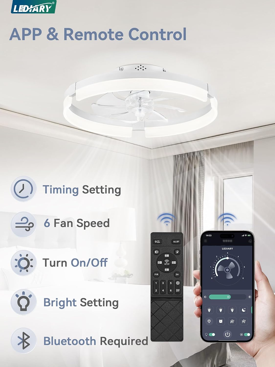 Detalle de LEDIARY ceiling fan with light, 19.7-inch