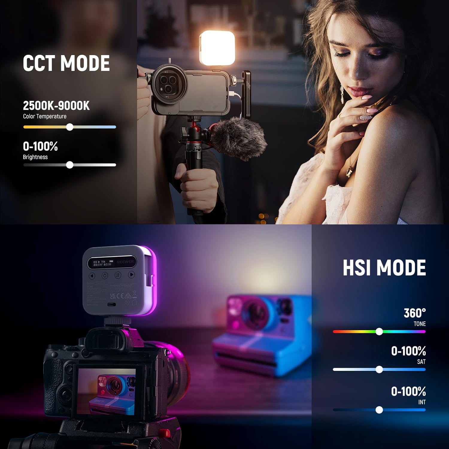 Thumbnail 4 de NEEWER Basic BL60C : mini panneau LED vidéo RVB magnétique rechargeable pour selfie, trépied et griffe flash