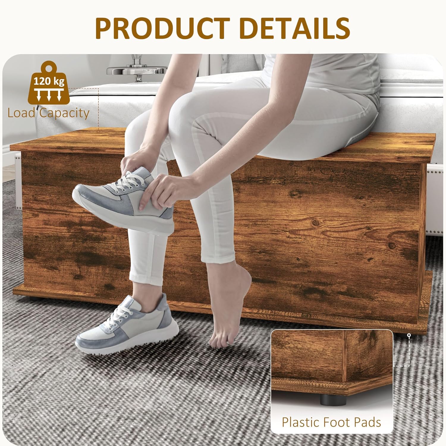 Detalle de HOMCOM Large 113L Storage Chest – Rustic Brown Blanket Box & Shoe Bench (100 x 40 x 40 cm)