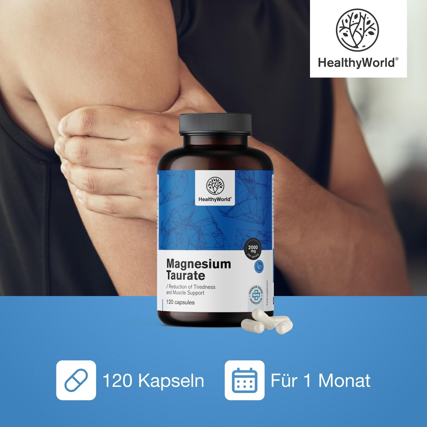Detalle de HealthyWorld Magnesium Taurat 2000 mg – Pflanzliche Kapseln, 120 Stück
