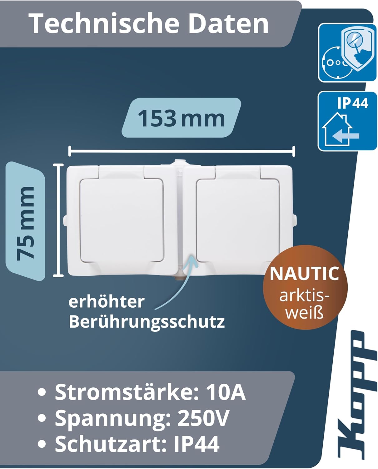 Detalle de Kopp NAUTIC 2-fach Schutzkontakt-Steckdose mit Klappdeckel in Arktis-Weiß – IP44 Aufputz, 16 A, 250 V