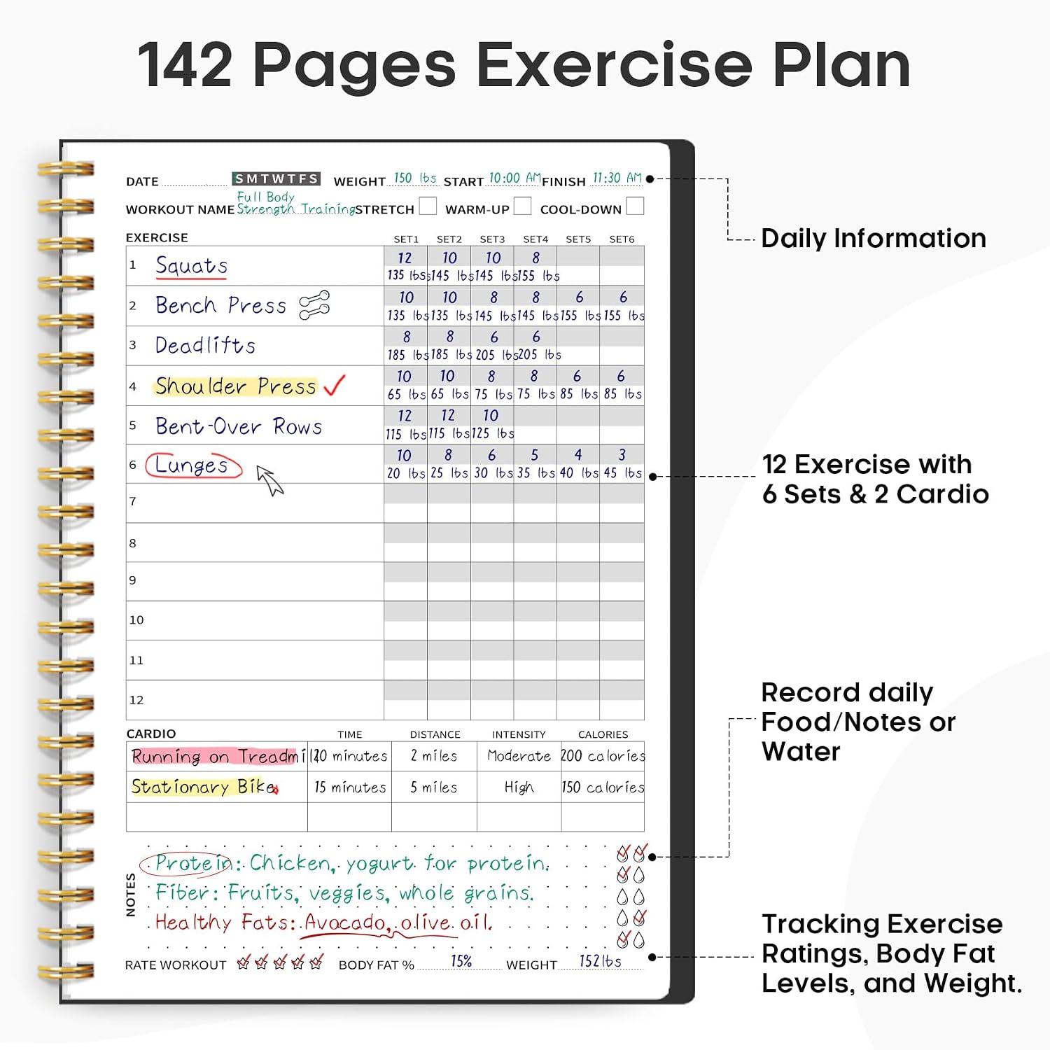 Detalle de Taja T009-Fitness-Black Workout Journal, A5 Undated Planner, 160 Pages