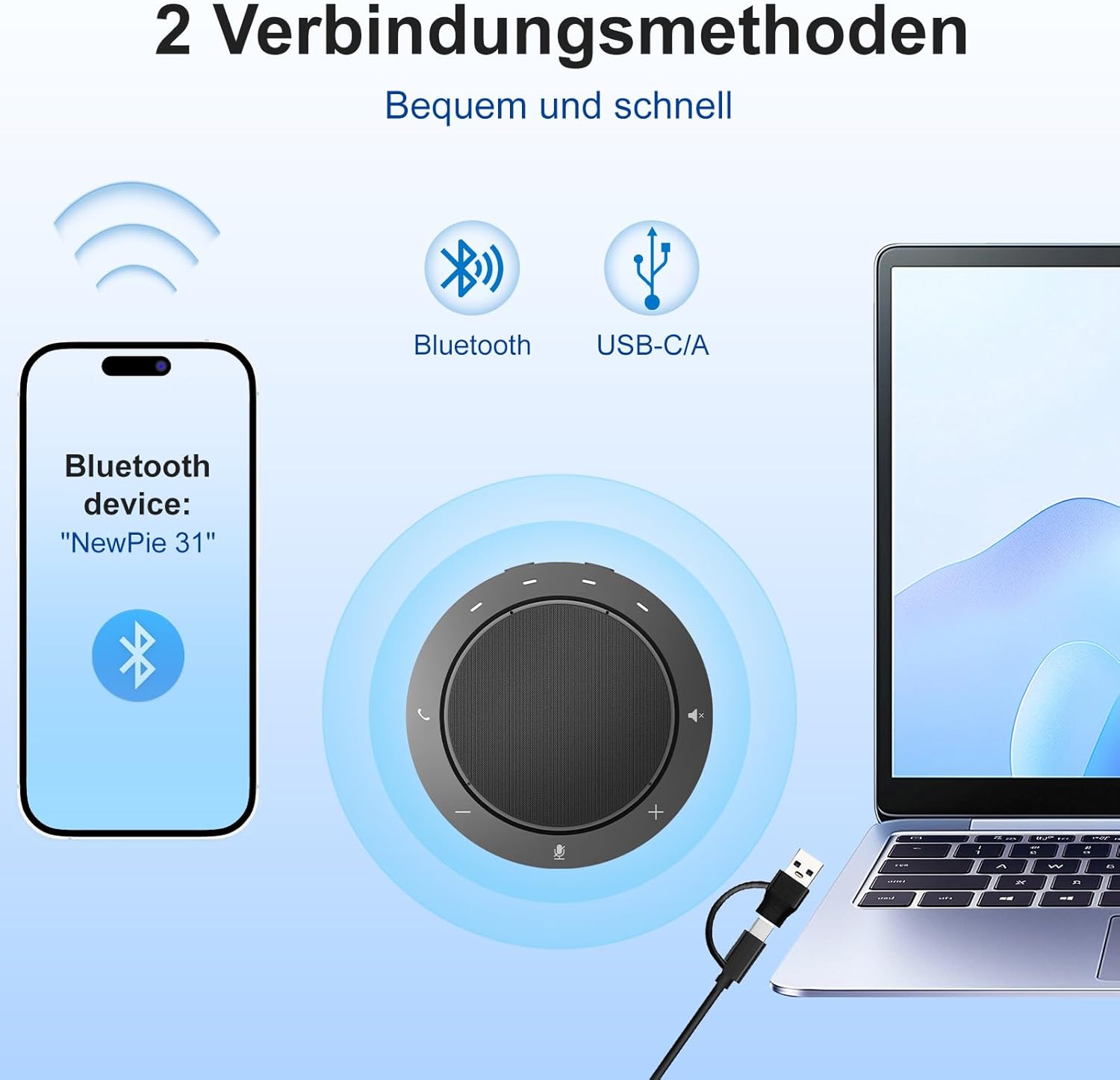 Thumbnail 2 de N newline Konferenzlautsprecher mit 2 Mikrofonen und 360°-Spracherfassung – Bluetooth & USB-C/A