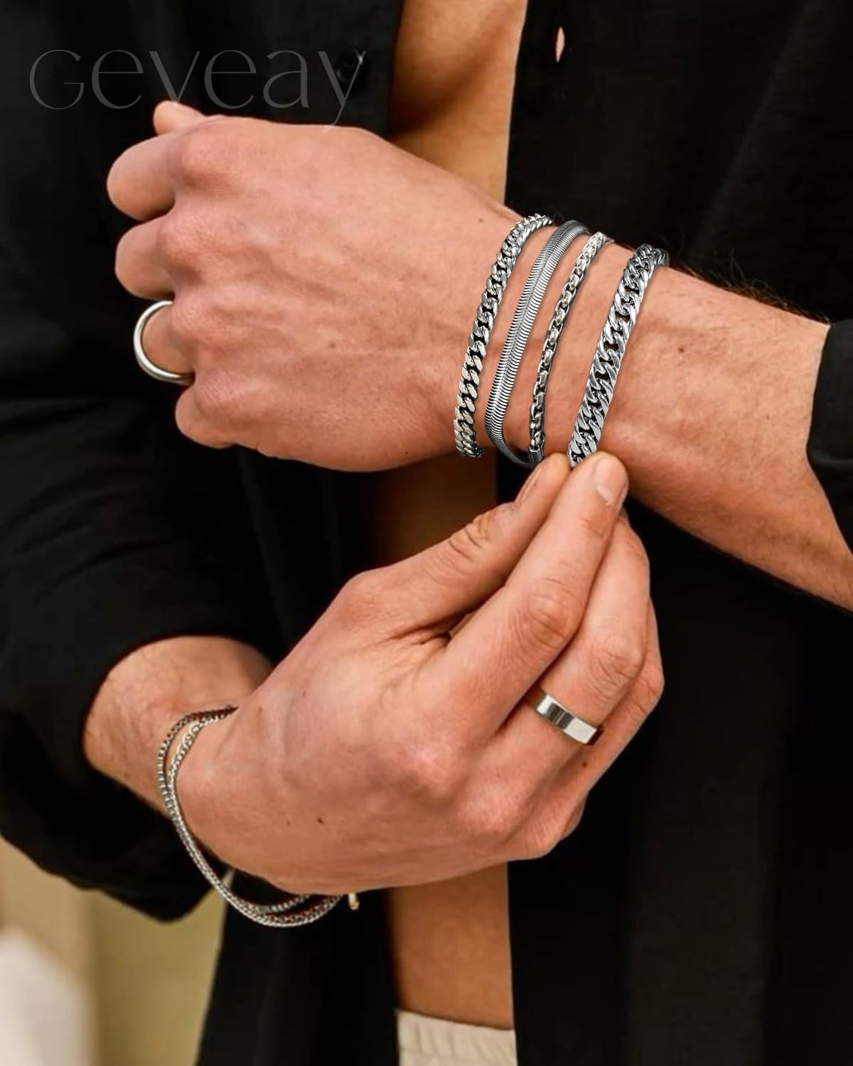 Thumbnail 1 de Geveay 6-Piece Men's Stainless Steel Chain Bracelet Set, Adjustable, 7.1+1.2 Inches