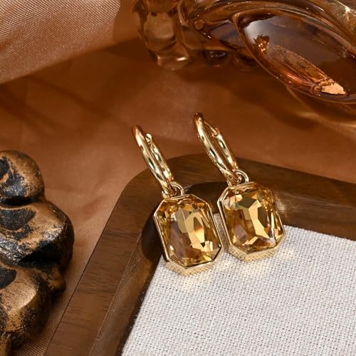 Detalle de Aliyoham Citrine Geometric Hoop Earrings – 14K Gold Plated Hypoallergenic Dangle Jewelry