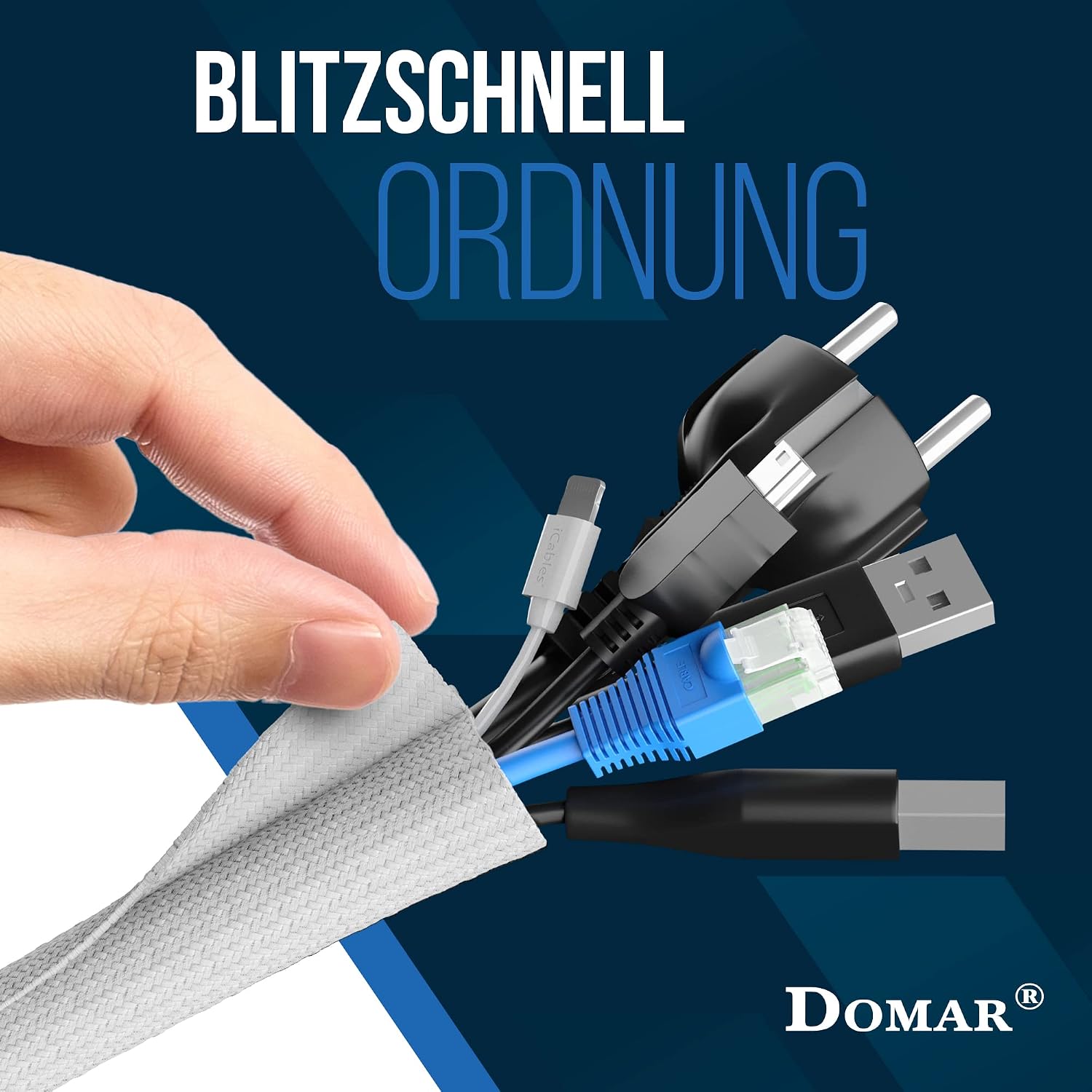 Detalle 2 de DOMAR® 3m Kabelschlauch selbstschließend & flexibel – Weißer Kabelkanal für Kabelmanagement am Schreibtisch