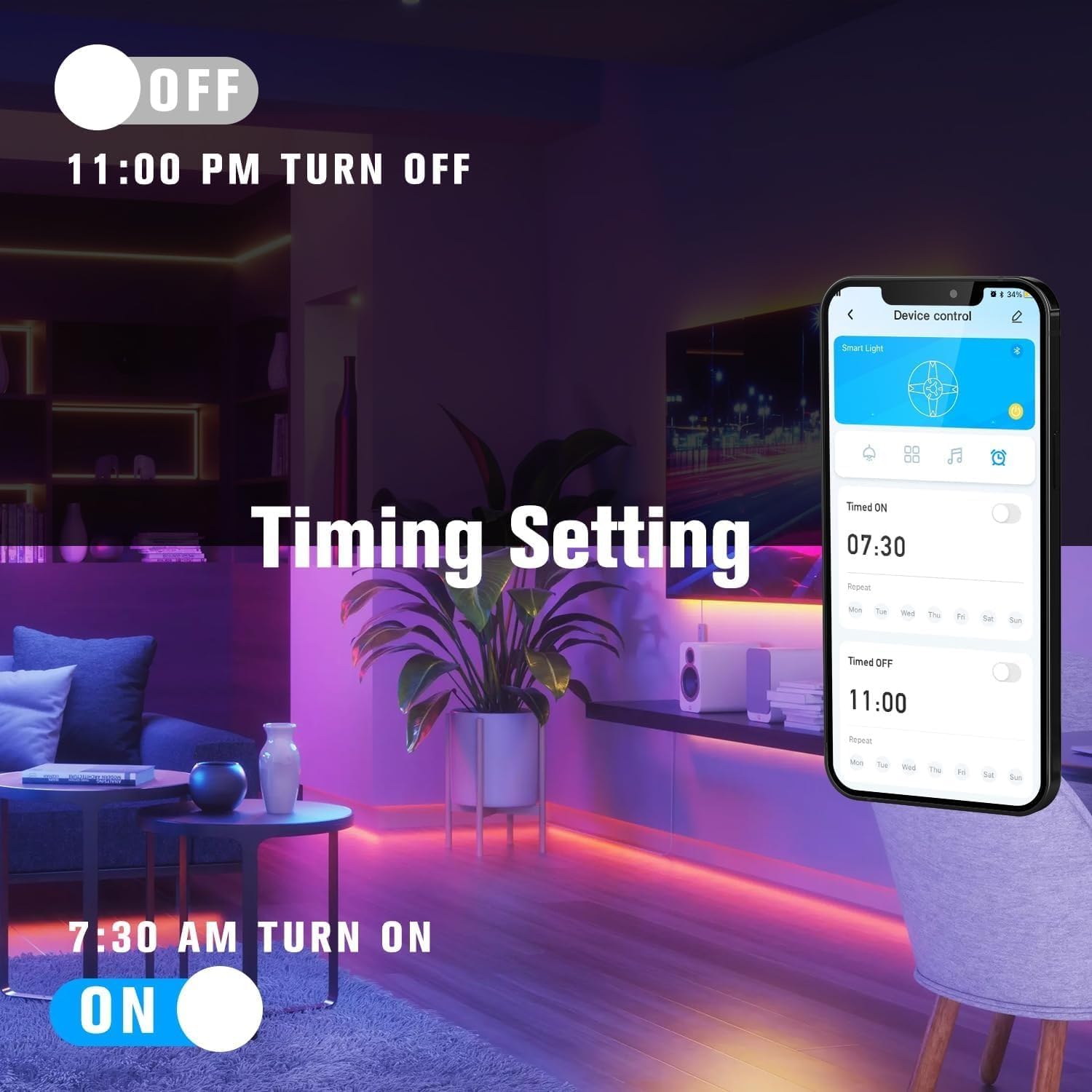 Thumbnail 2 de phopollo 30m LED Strip Light for Bedroom – Bluetooth App & Remote, Music Sync, RGB, Self-Adhesive