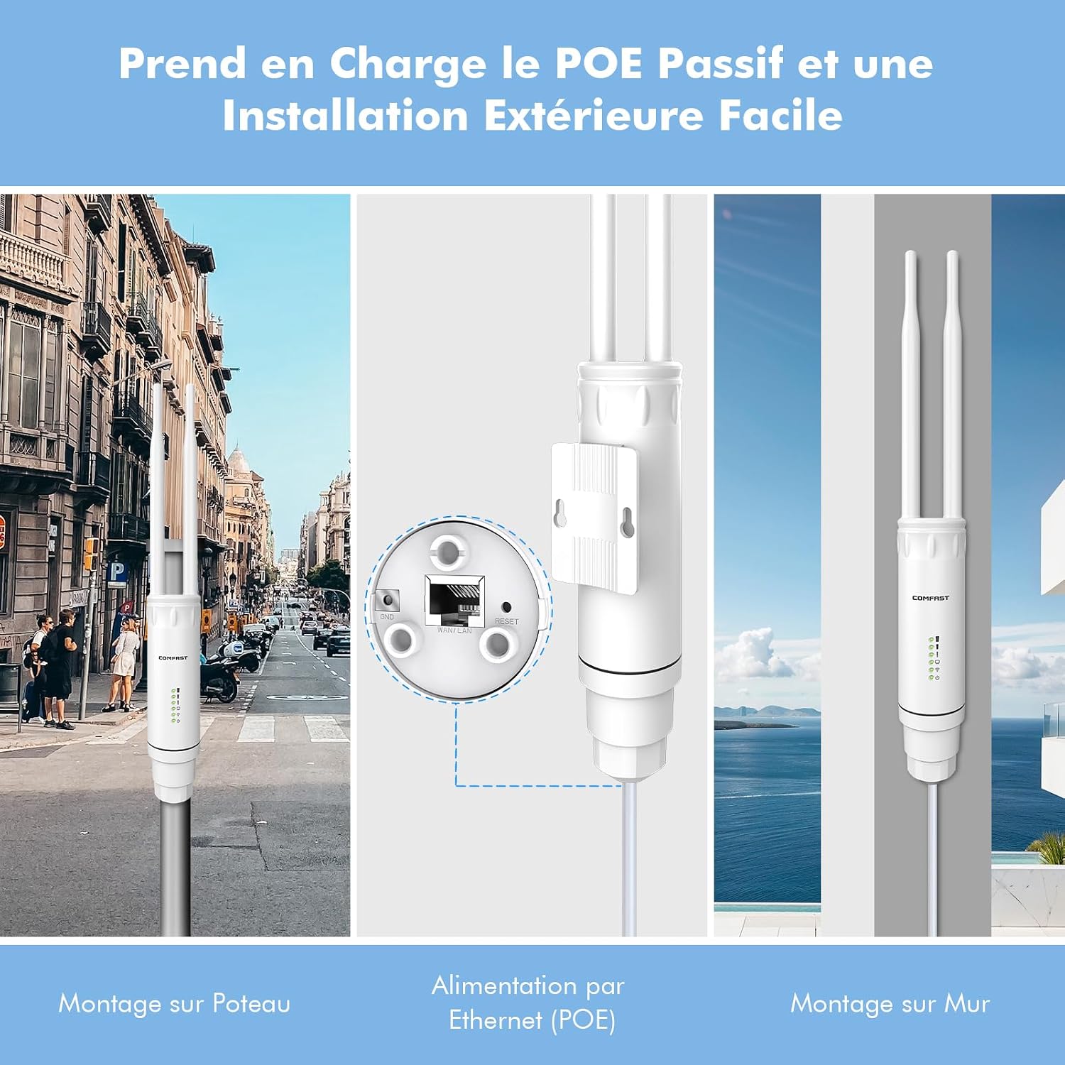 Detalle de COMFAST Outdoor Point d'accès AC1200 – Répéteur WiFi Extérieur IP66 PoE 24V, Double Bande 2,4/5 GHz, MU-MIMO