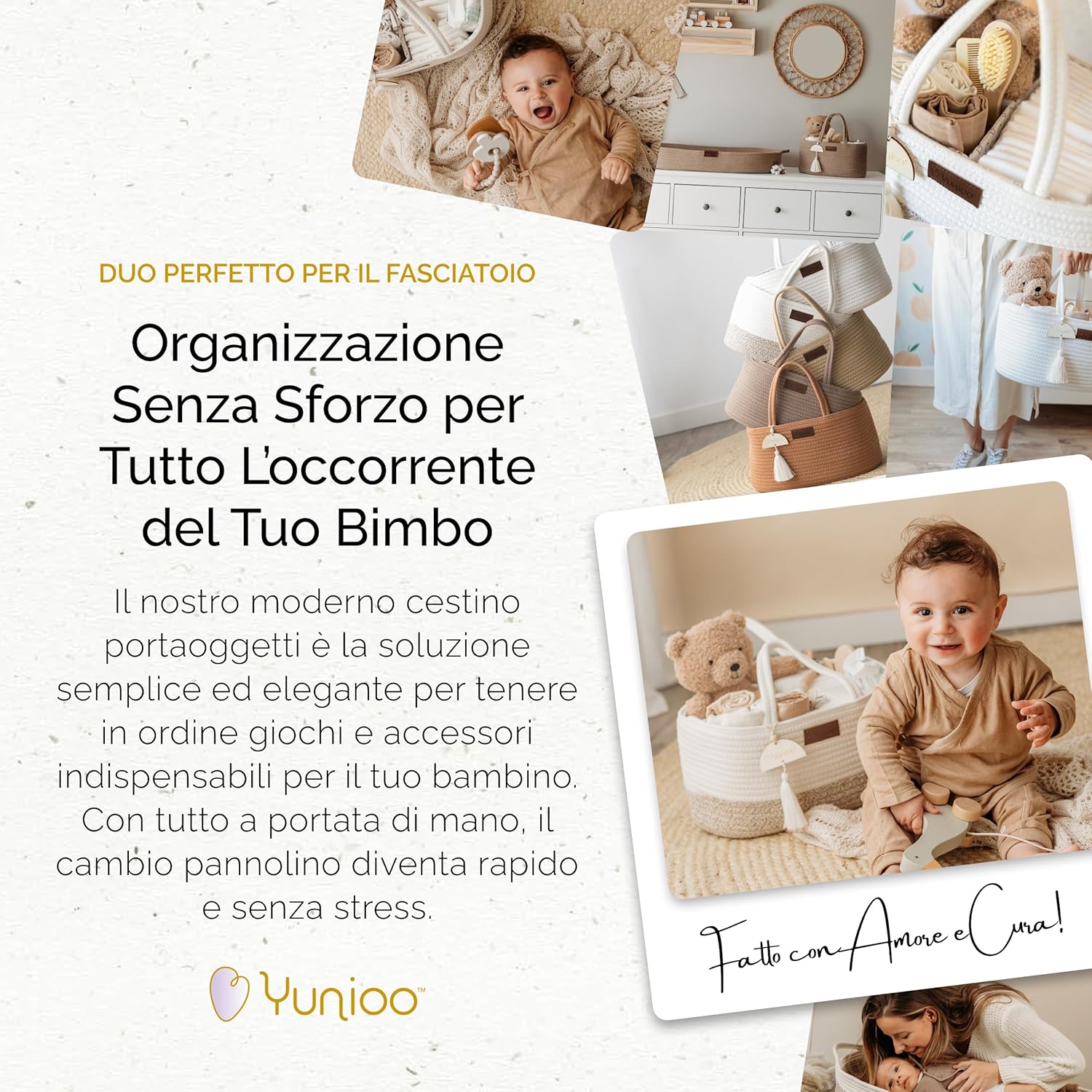 Thumbnail 1 de Yunioo Cestino Porta Pannolini – Organizer Fasciatoio Neonato con Maniglie Robust e Divisori Rimovibili
