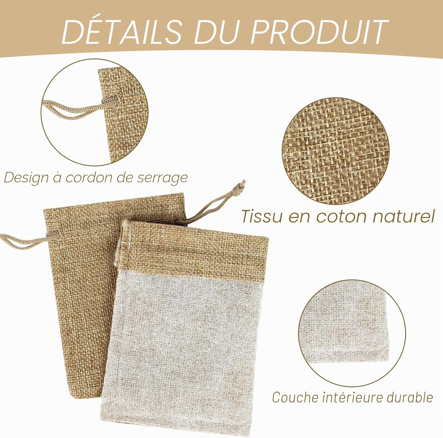 Detalle de Sachets en toile de jute 10x14 cm, lot de 30 dragées – Pochon cadeau naturel