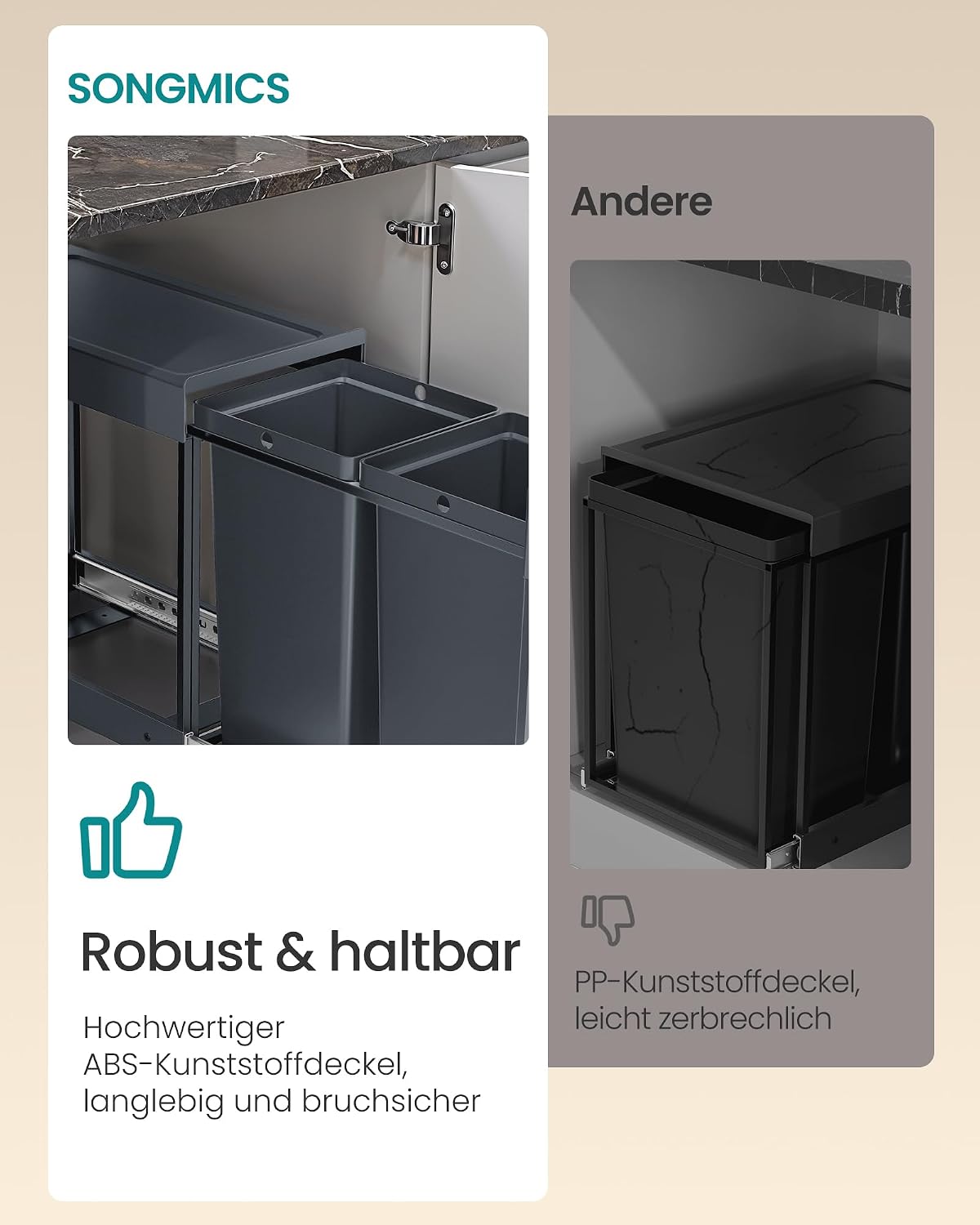 Detalle de SONGMICS LTB950GZ01 Mülleimer für Küchenschrank, Mülltrennsystem mit 2 x 15 L, ausziehbar, grau