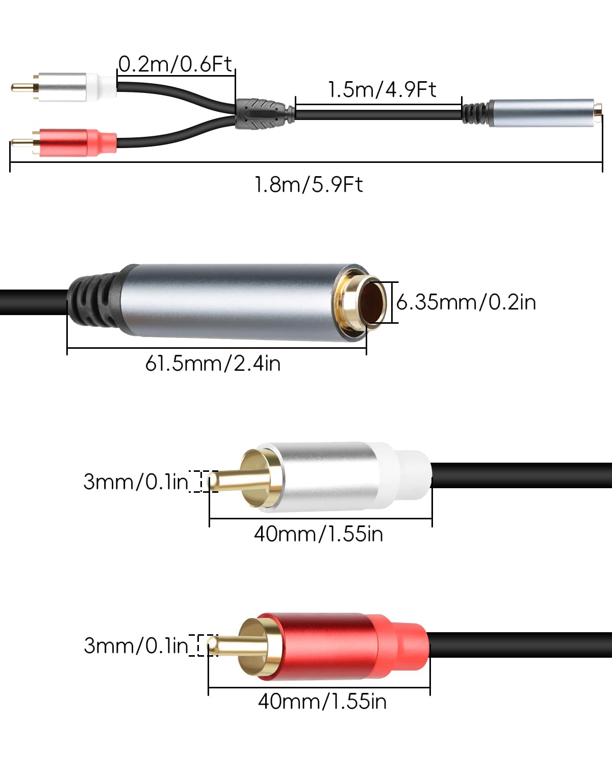 Thumbnail 6 de RIIEYOCA 6.35mm to dual RCA audio cable 1.8m