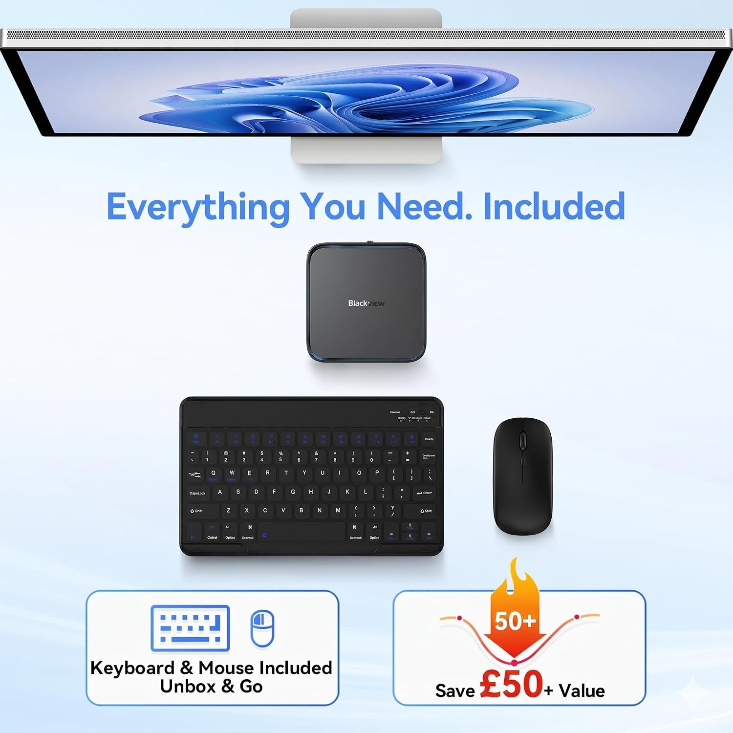 Detalle de Blackview MP50 Mini PC with Ryzen 5, 16GB RAM, 512GB SSD, and Keyboard/Mouse – Win 11 Pro