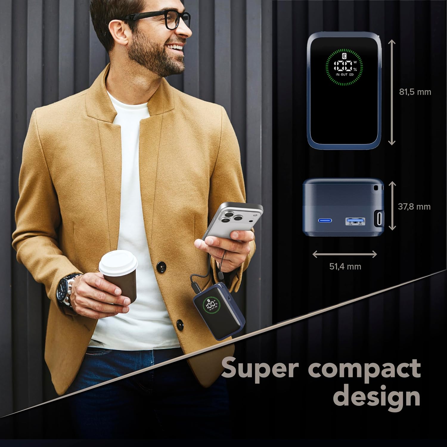 Detalle de Power Bank Roller 10.000 mAh di Cellularline – ricarica rapida 45 W, USB-C retrattile, display LCD