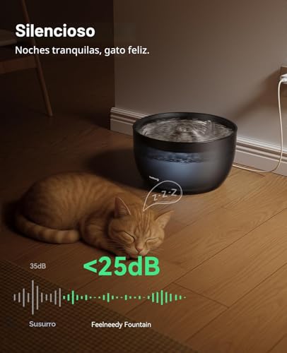 Detalle 2 de FEELNEEDY Fuente para Gatos 3L: Bebedero silencioso en acero inoxidable con filtrado y LED