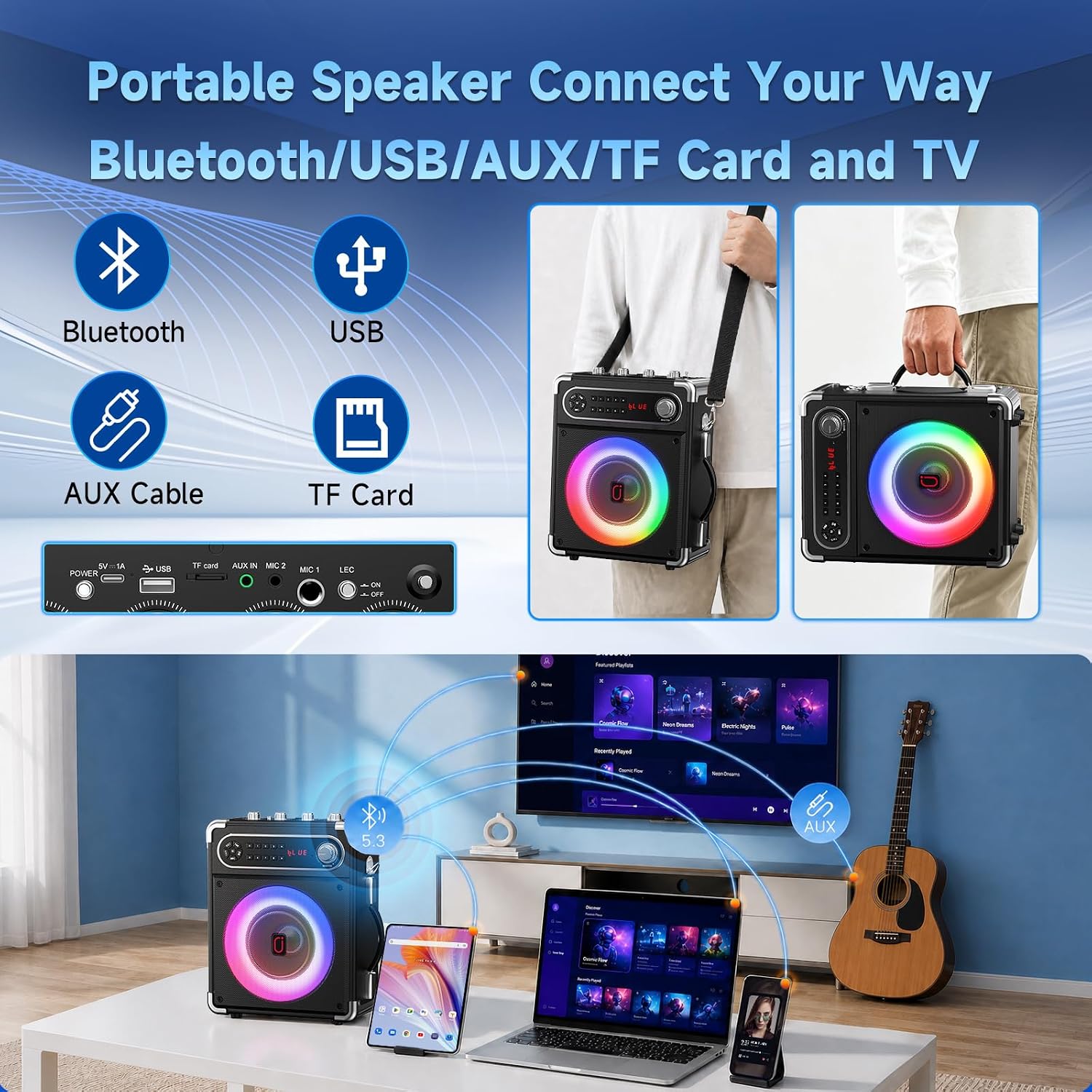Detalle 1 de HWWR S55 Karaoke Machine, 200W Peak, Wood Cabinet, Dual Wireless Mics