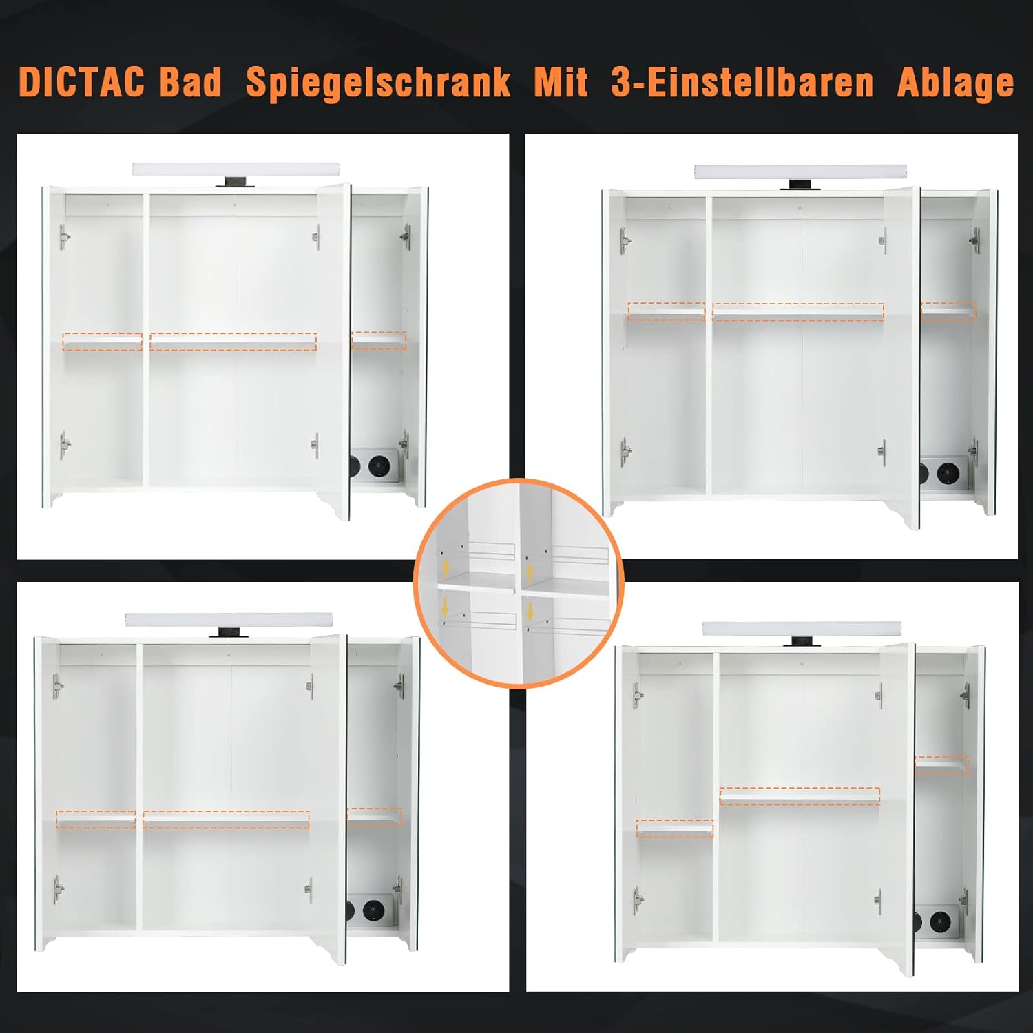 Thumbnail 5 de DICTAC Badezimmerspiegel-Spiegelschrank mit LED, Steckdose & Lichtschalter – 70 x 15 x 60 cm, 3 Türen, weiß