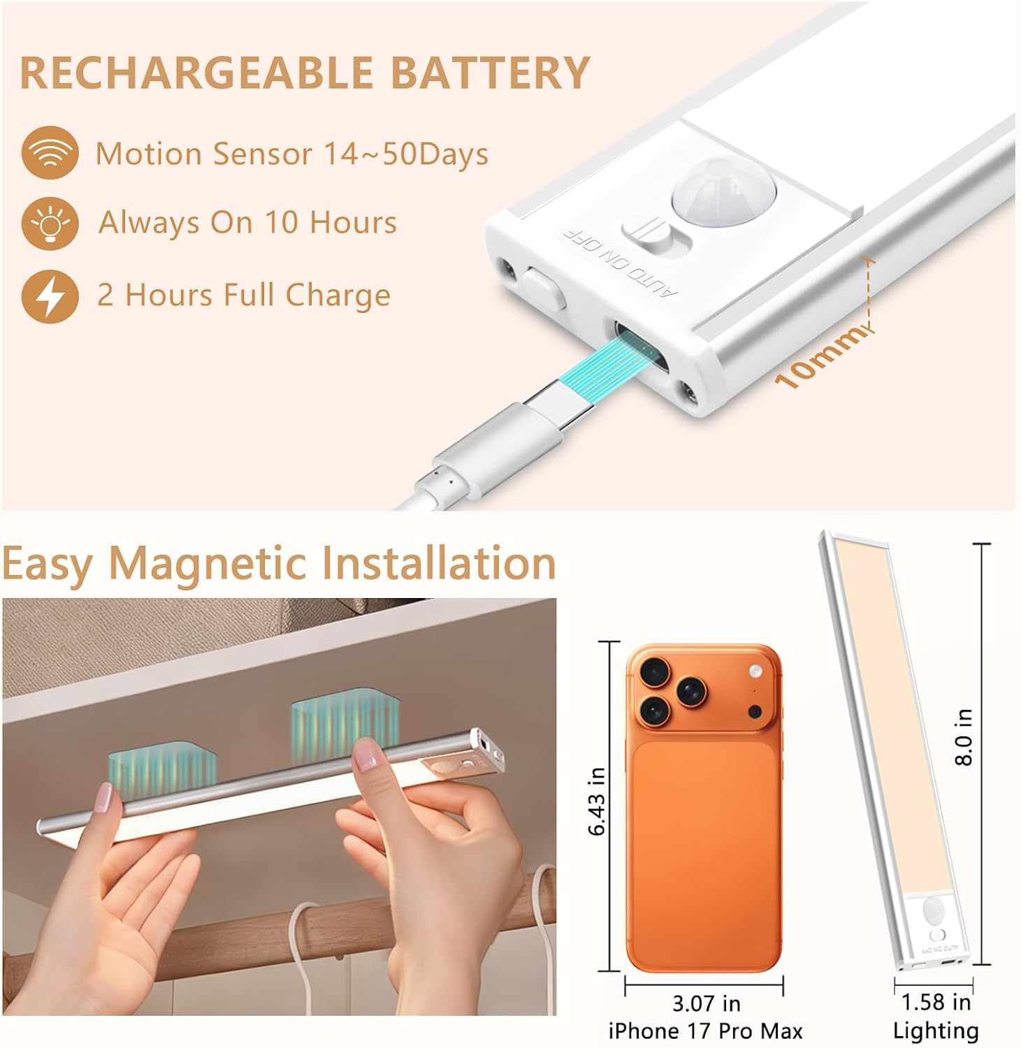 Detalle 2 de Bitrue BM250901A 2-Pack Rechargeable Under-Cabinet Lights with Motion Sensor