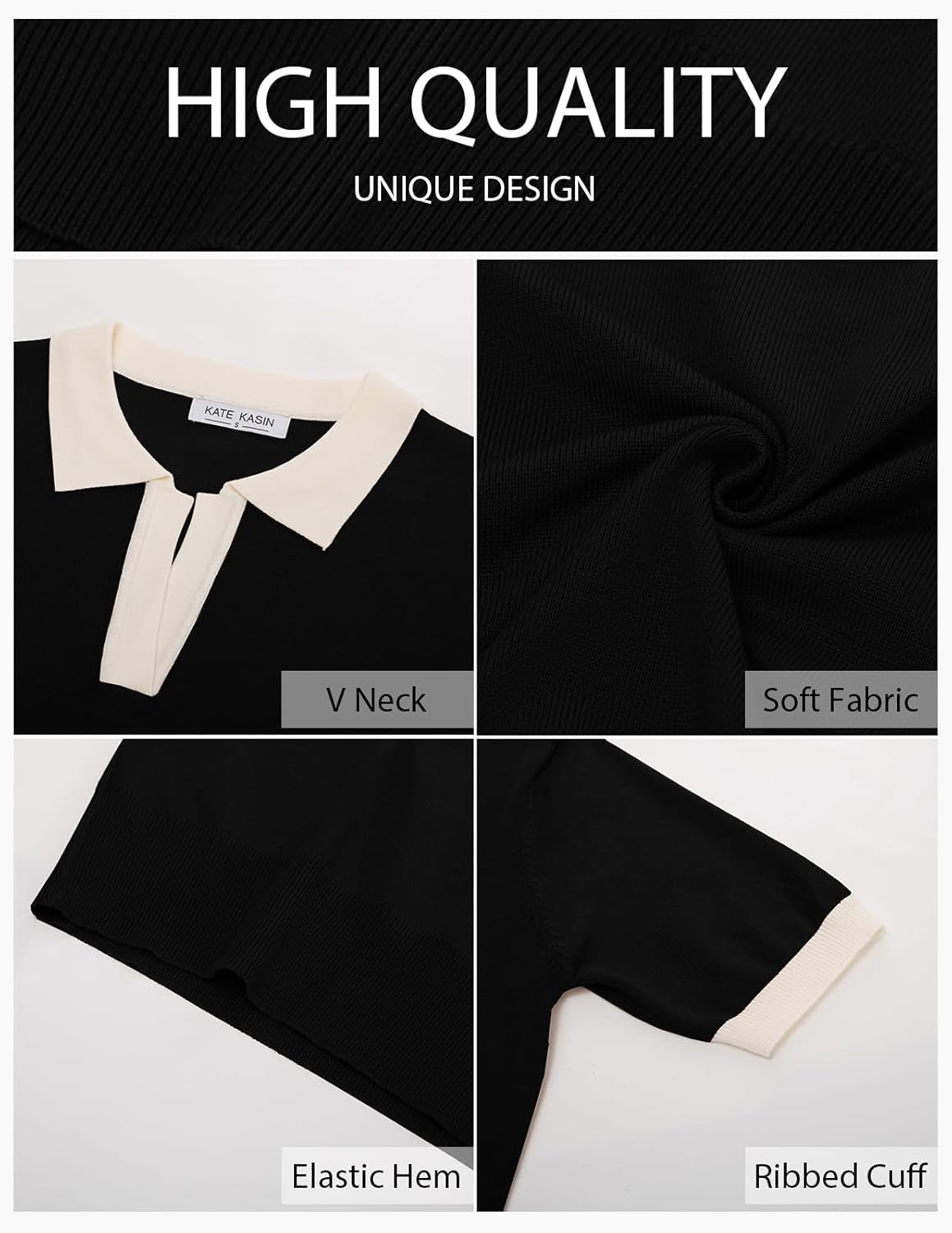 Detalle de Kate Kasin Women’s Short Sleeve Polo Sweater (V-Neck Ribbed Knit Pullover)