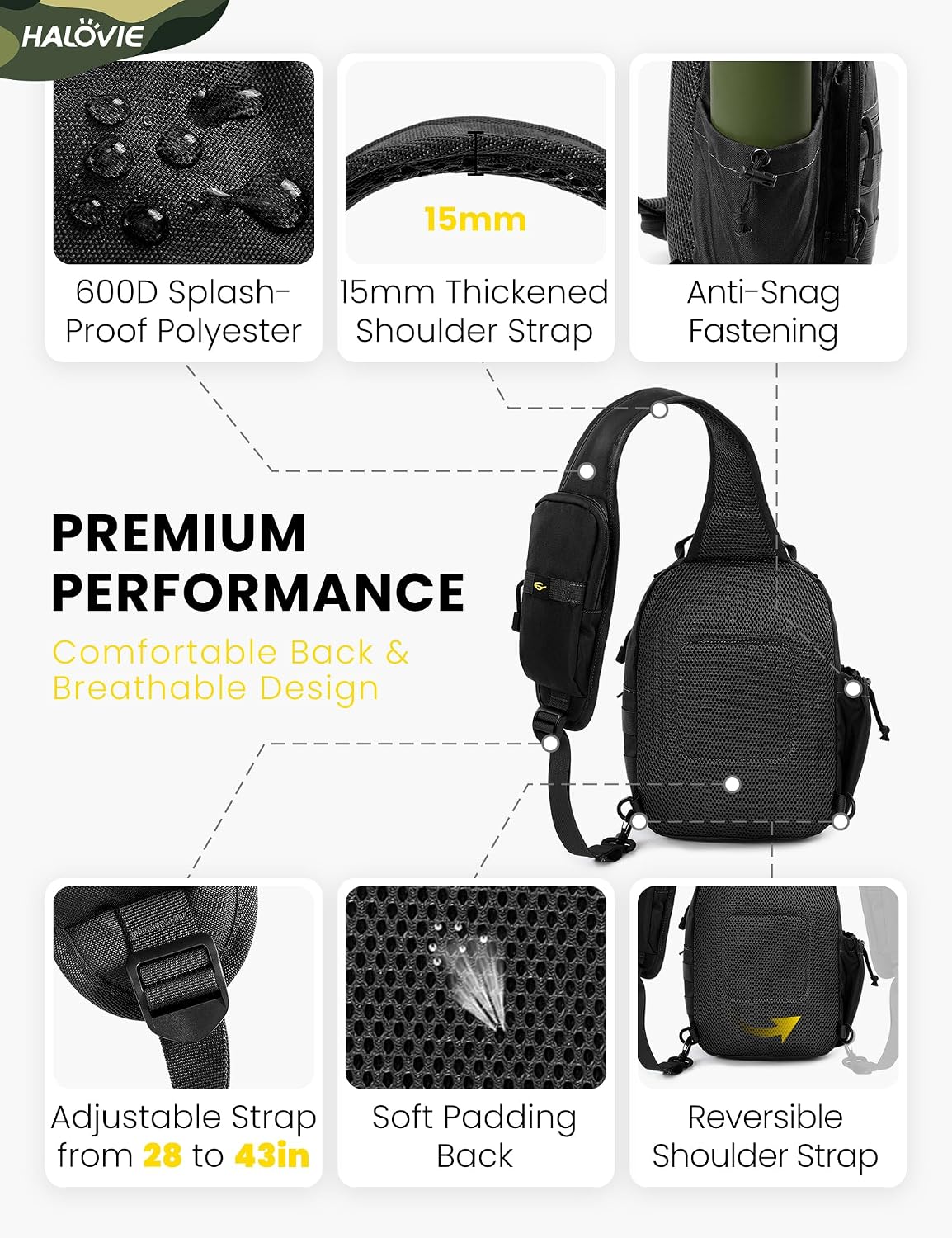 Detalle de HALOVIE Taktische Brusttasche Herren Sling Bag – Anti-Diebstahl, MOLLE, 8 L, 600D Nylon