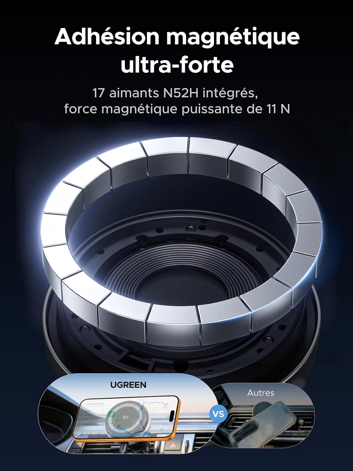 Detalle de UGREEN MagFlow Pro Qi2 25W : Chargeur MagSafe pour voiture avec refroidissement optimal et fixation sur grille d'aération