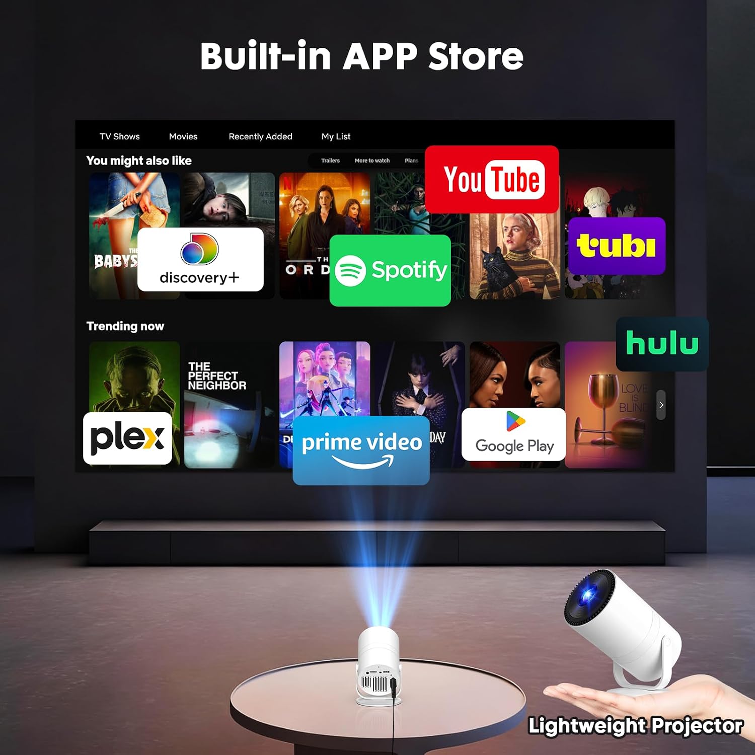 Detalle 2 de Tecaki Mini Projector with Android 14, WiFi 6 & Bluetooth 5.2 (180° rotatable, 1080P, auto keystone)