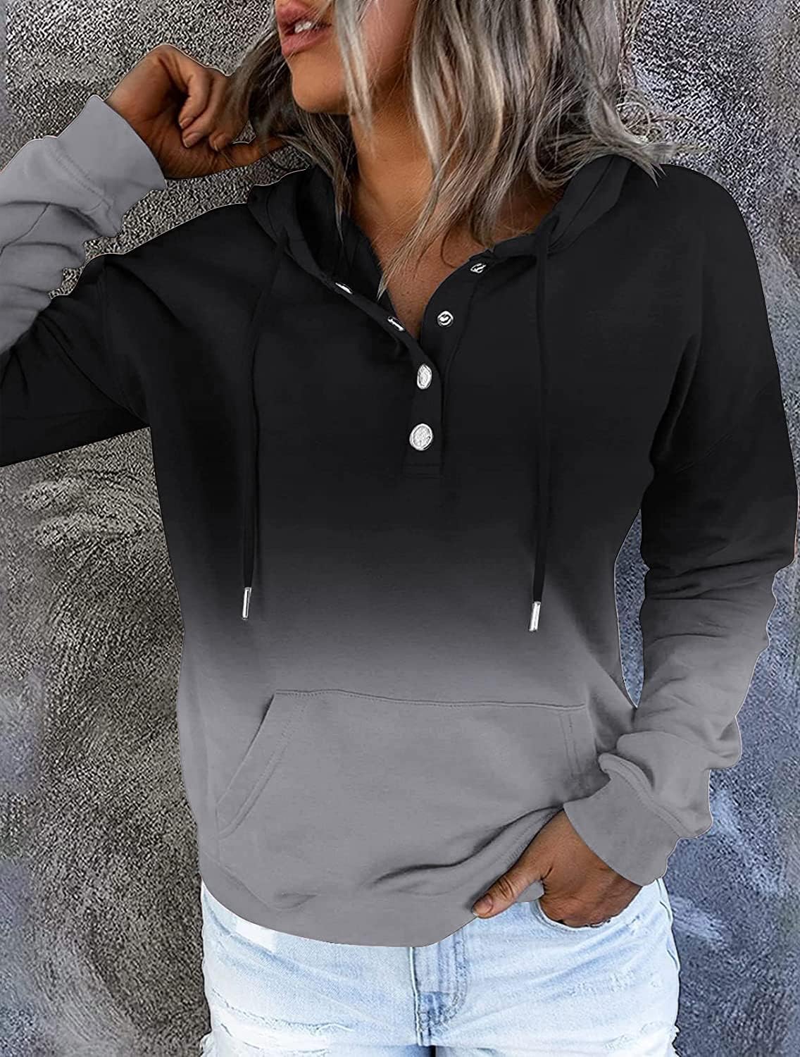 Detalle de KISSMODA Women's V-Neck Button-Down Hoodie Sweatshirt for Fall and Winter