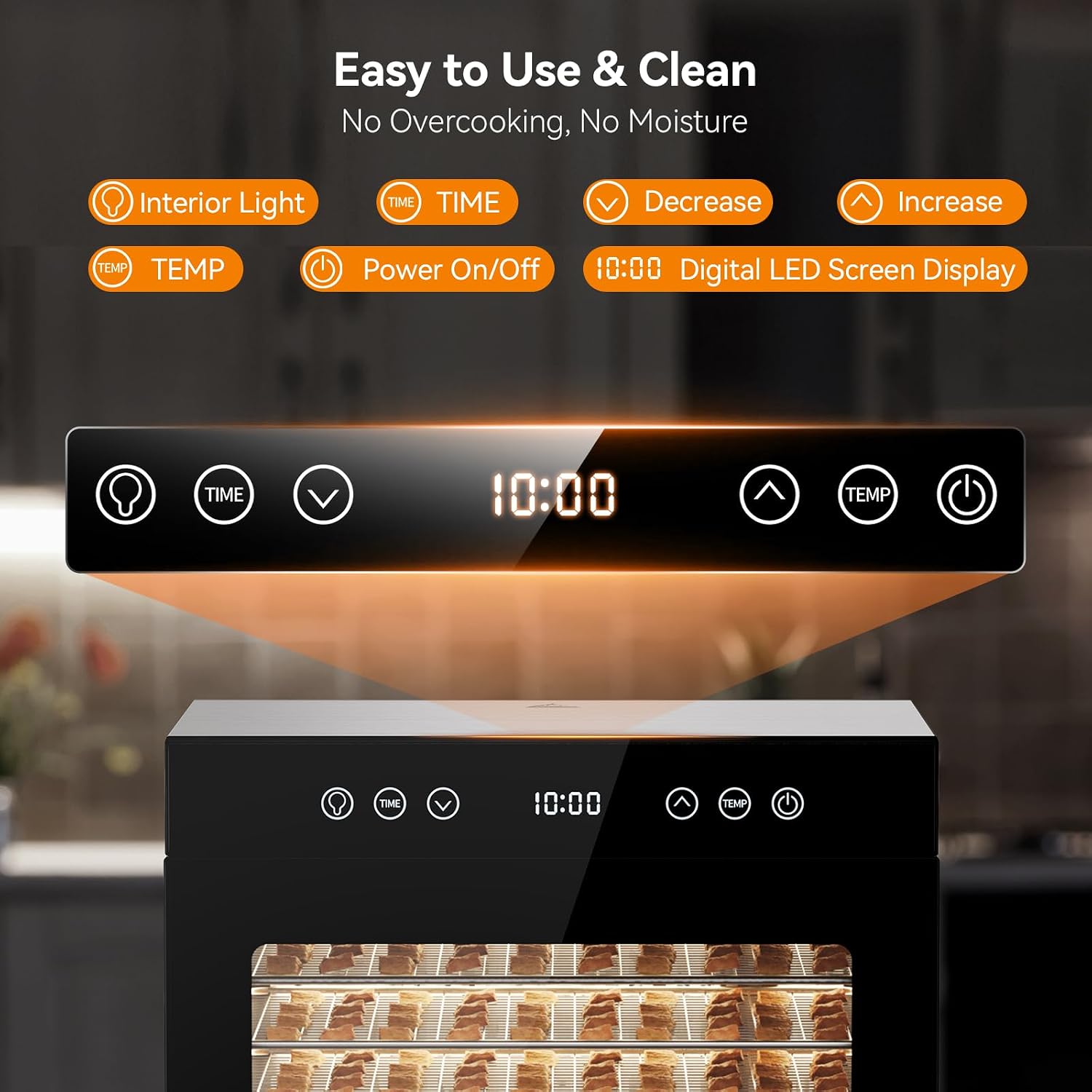 Detalle 2 de Food Dehydrator Machine with 8 Stainless Steel Trays, 650W Motor, Adjustable Temperature & 48-Hour Timer (Jerky, Fruits, Herbs, Dog Treats)