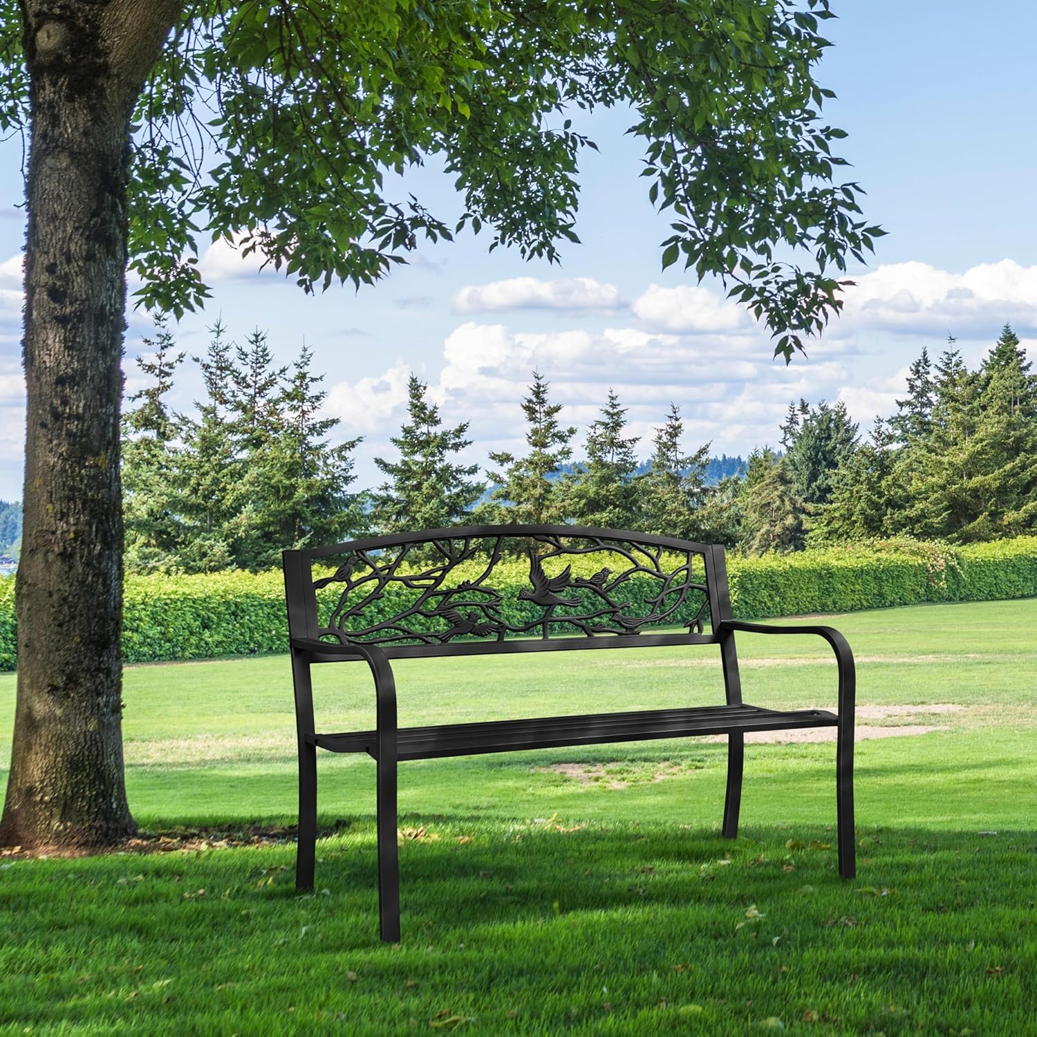Detalle 2 de Yaheetech panca da giardino in ferro 127×52×86 cm con braccioli e schienale decorato, portata 180 kg, colore nero