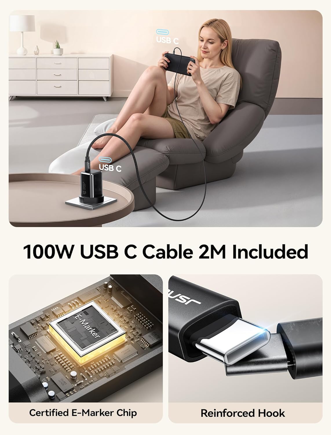 Thumbnail 4 de JSAUX 60W USB-C Charger for Nintendo Switch 2 (TV Mode, GaN) with 2M USB-C Cable