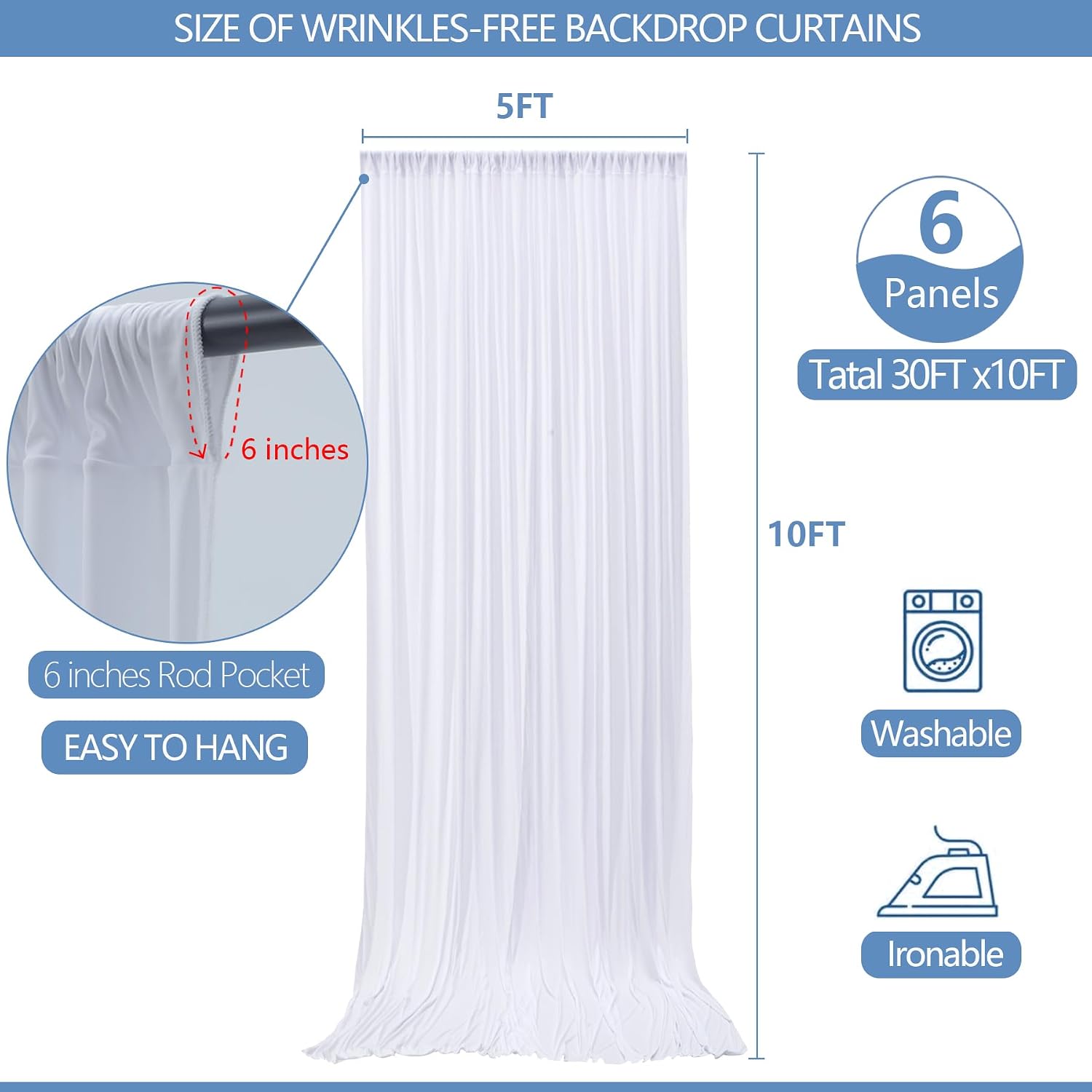 Detalle de 30x10ft Wrinkle Free White Backdrop Curtain – 10x10ft 2-Panel Set for Events and Photography
