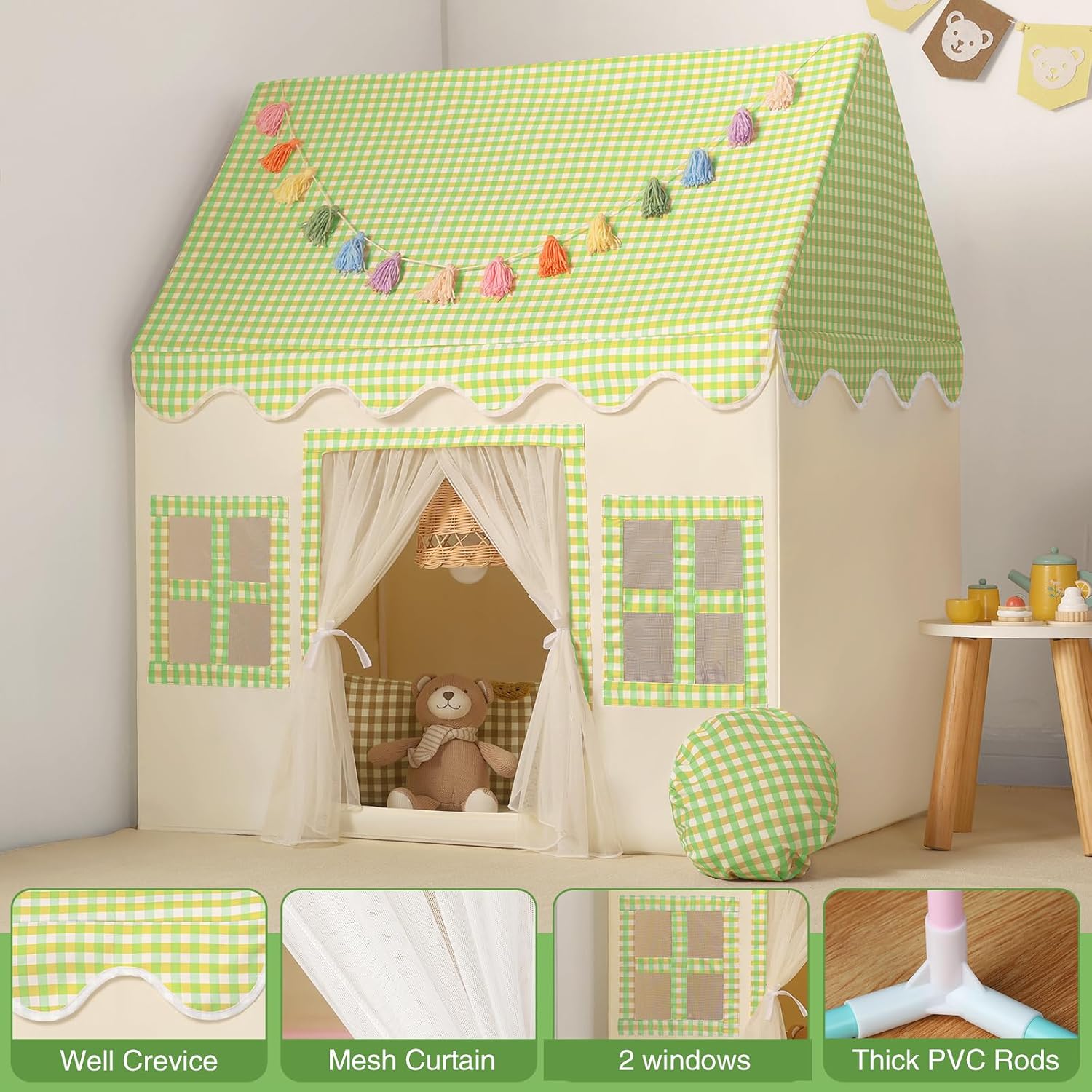 Detalle 2 de Wilwolfer Kids Indoor Play Tent: Princess PlayHouse with Green Checkered Mat & Tassel Garland (67.5×97×107.5 cm)