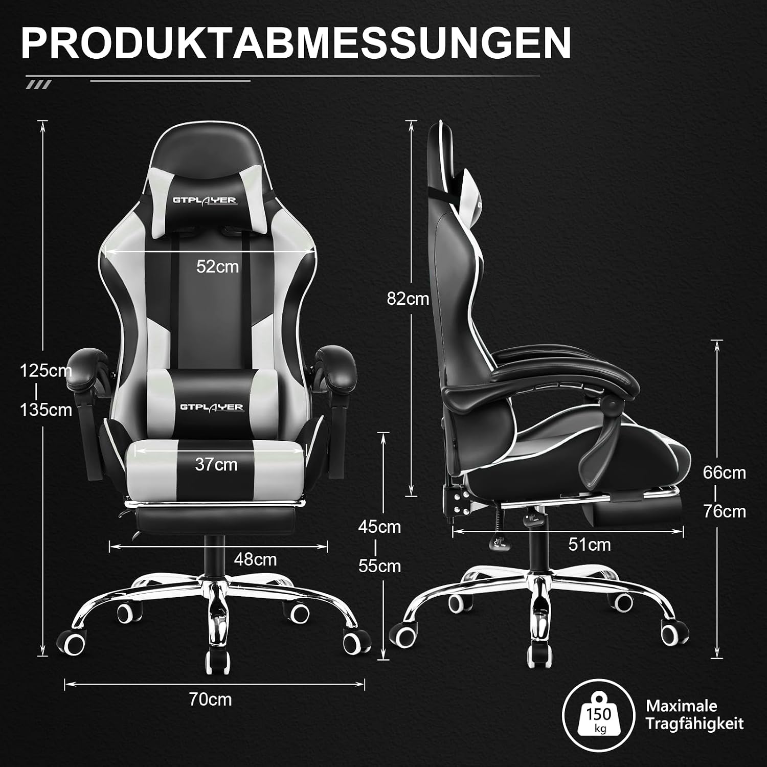 Detalle de GTPLAYER GT800A gamingstoel met voetsteun, verstelbare rugleuning en lendenkussen