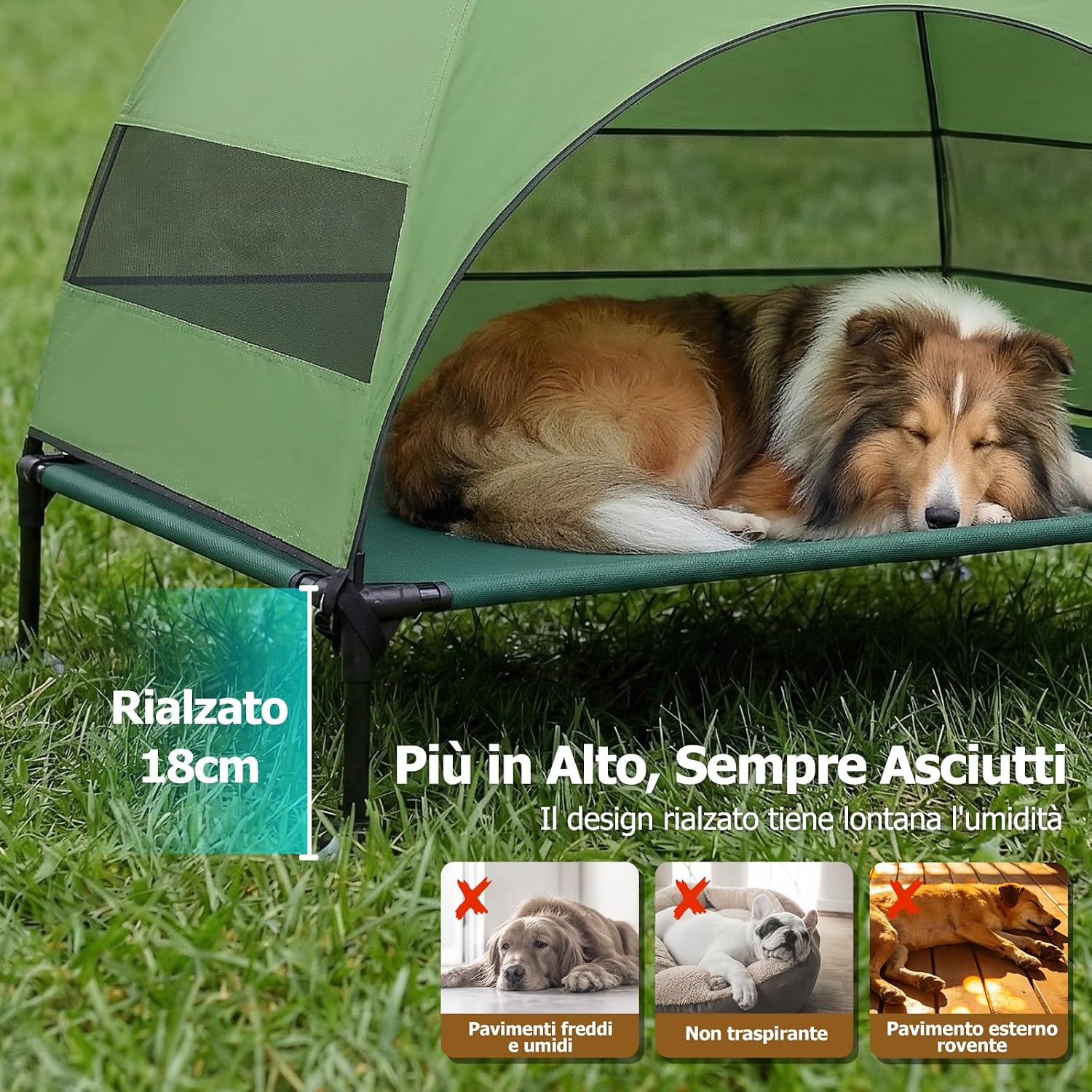 Detalle de Cuccia rialzata per cani da esterno con tetto verde (L) – stabile, ombrosa e pieghevole